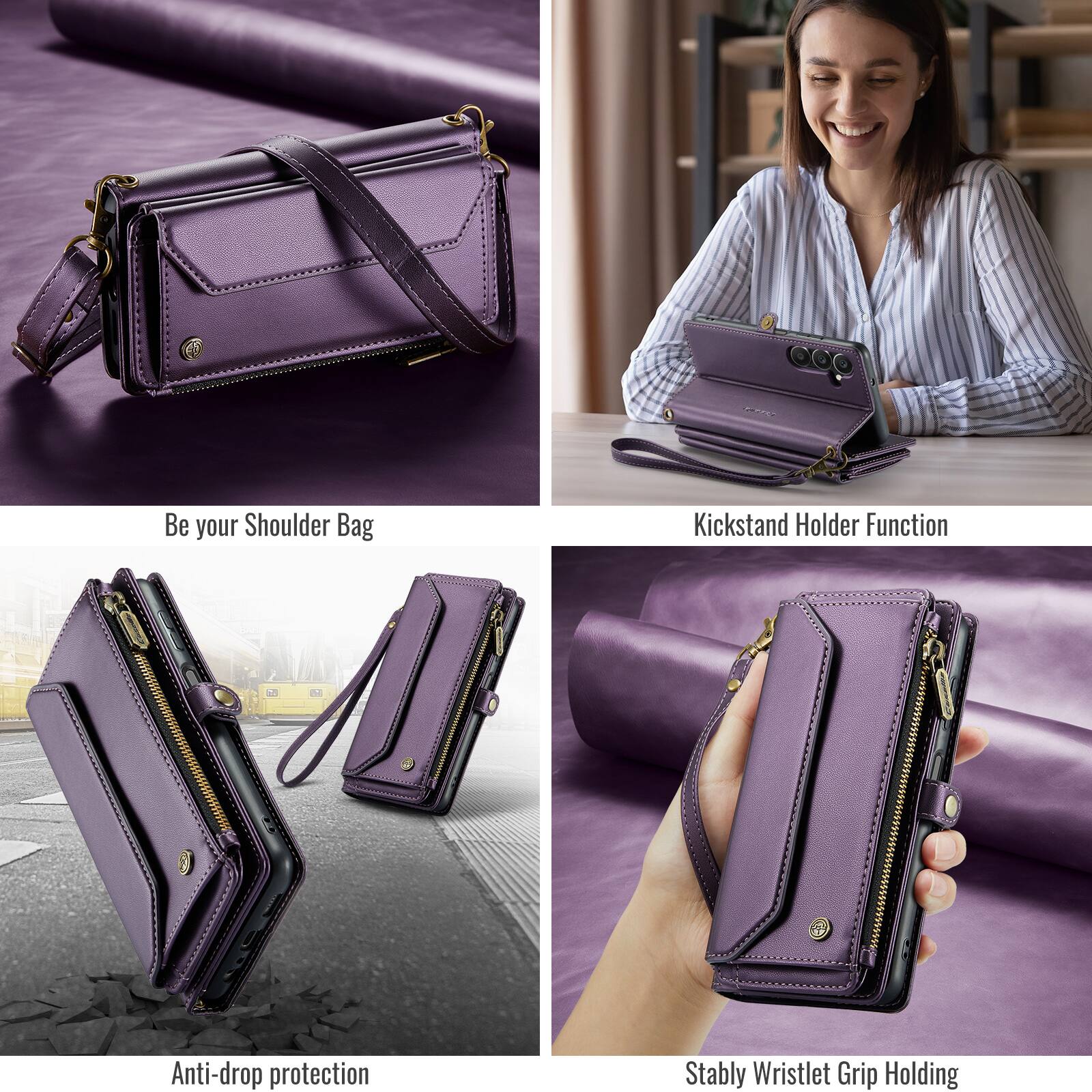 Be your Shoulder Bag  
Kickstand Holder Function  
Anti-drop protection  
Stably Wristlet Grip Holding