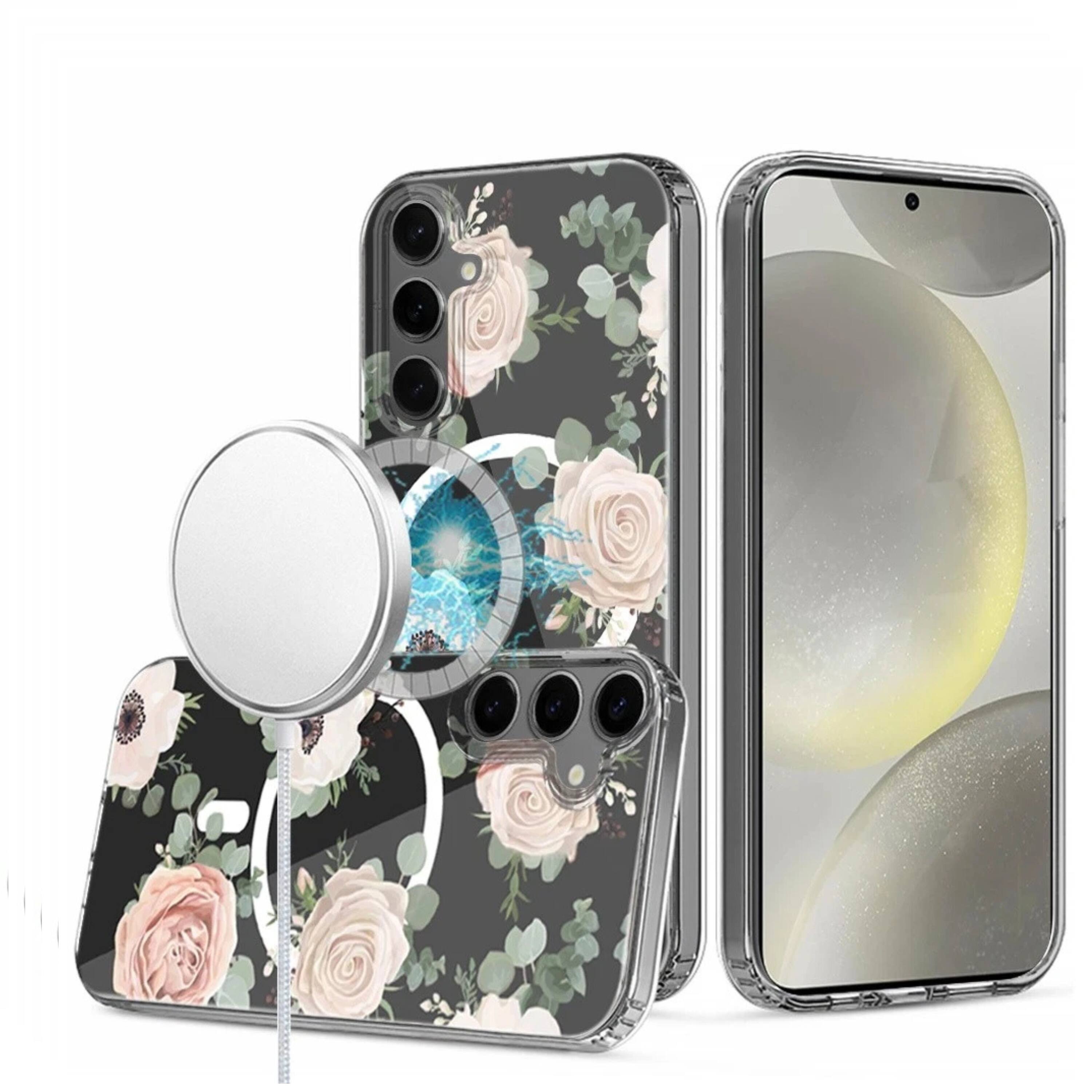 Front. Kitcheniva - Clear Floral Magnetic Circle Hybrid Phone Case With Tempered Glass For Samsung S25 Plus S24 Plus Roses - Biege.
