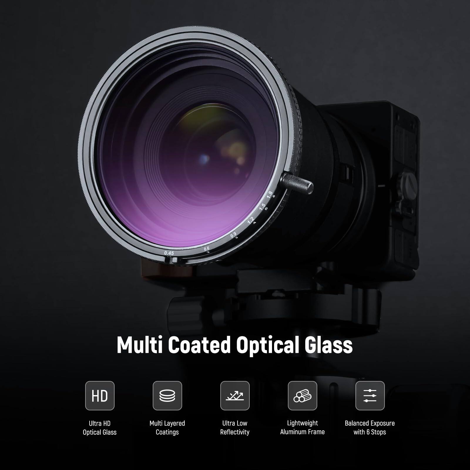 1.5 2 0.0 0.45 Multi Coated Optical Glass  
HD Ultra HD Optical Glass  
Multi Layered Coatings  
Ultra Low Reflectivity  
Lightweight Aluminum Frame  
Balanced Exposure with 5 Stops