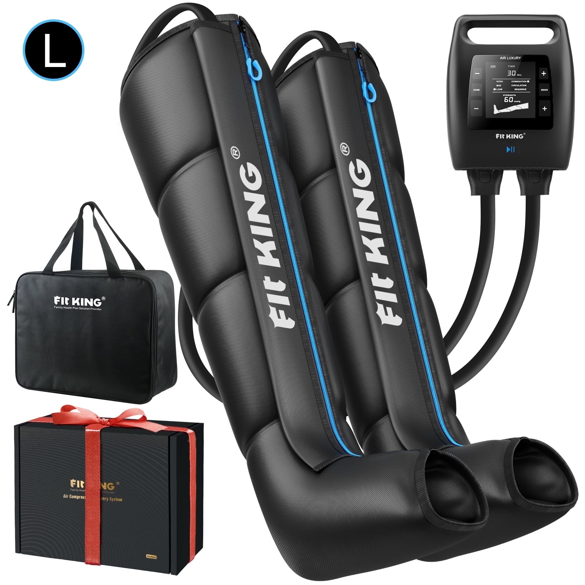 FIT KING - Rechargeable Air Compression Recovery Boots, Full Leg Massager for Circulation & Recovery (Large) - Black and blue