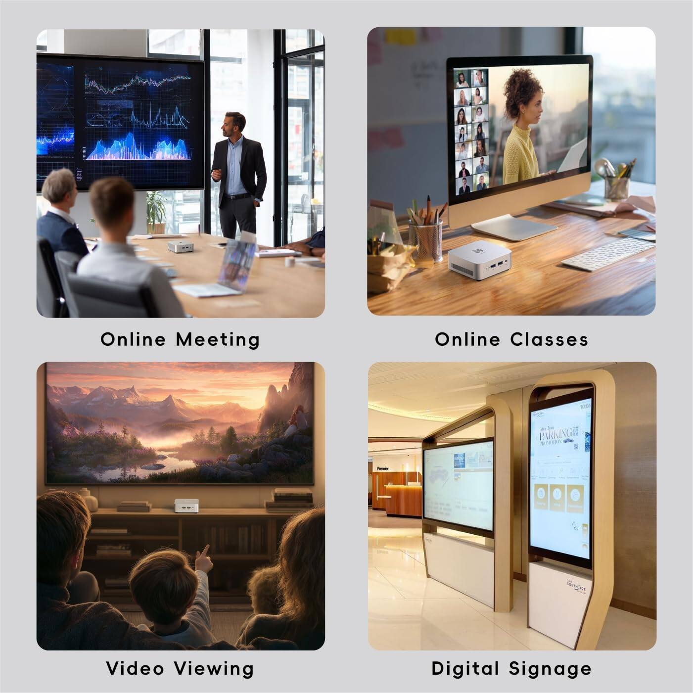Online Meeting  
Online Classes  
Video Viewing  
Digital Signage
