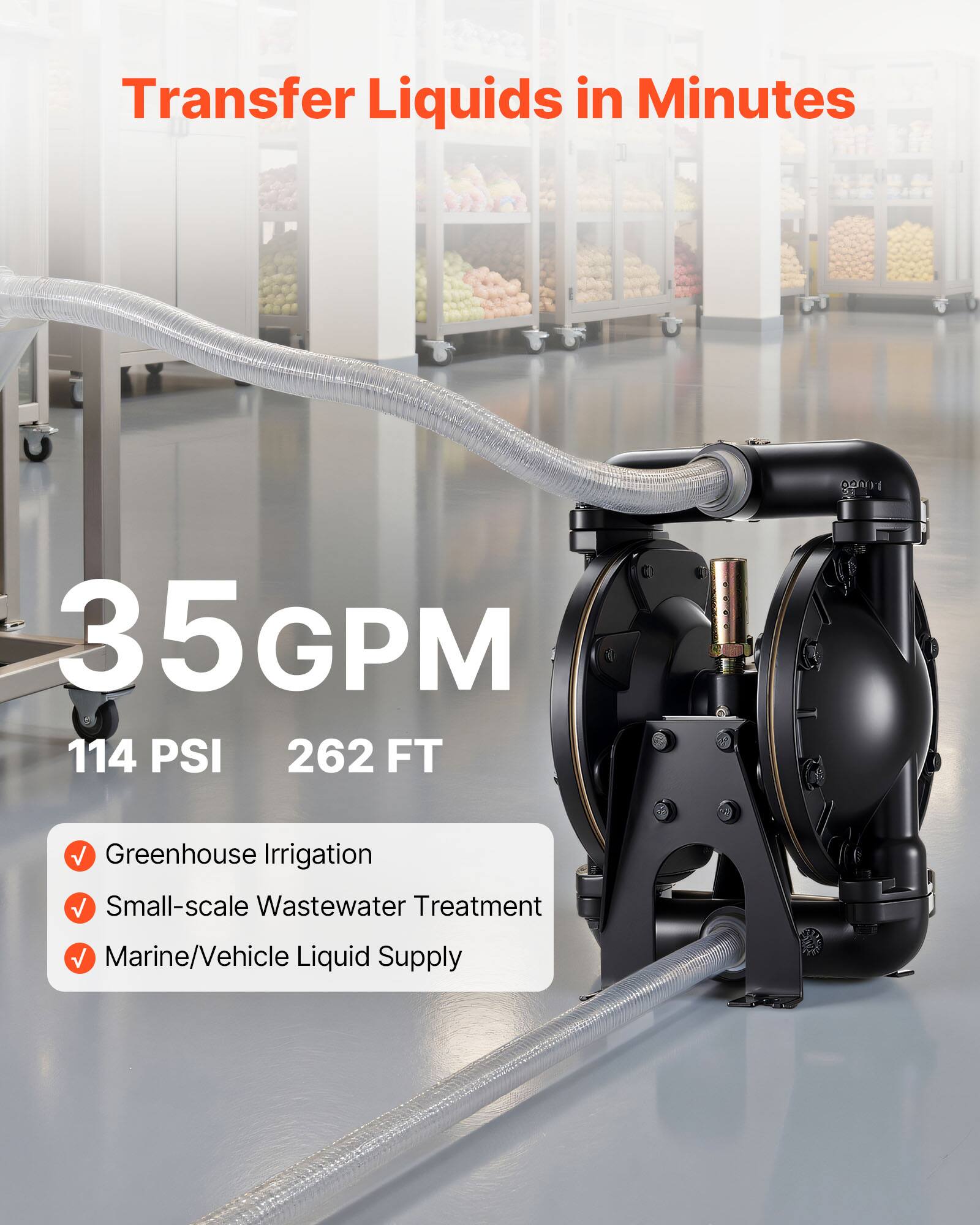 Transfer Liquids in Minutes  
35 GPM  
114 PSI  
262 FT  

Greenhouse Irrigation  
Small-scale Wastewater Treatment  
Marine/Vehicle Liquid Supply
