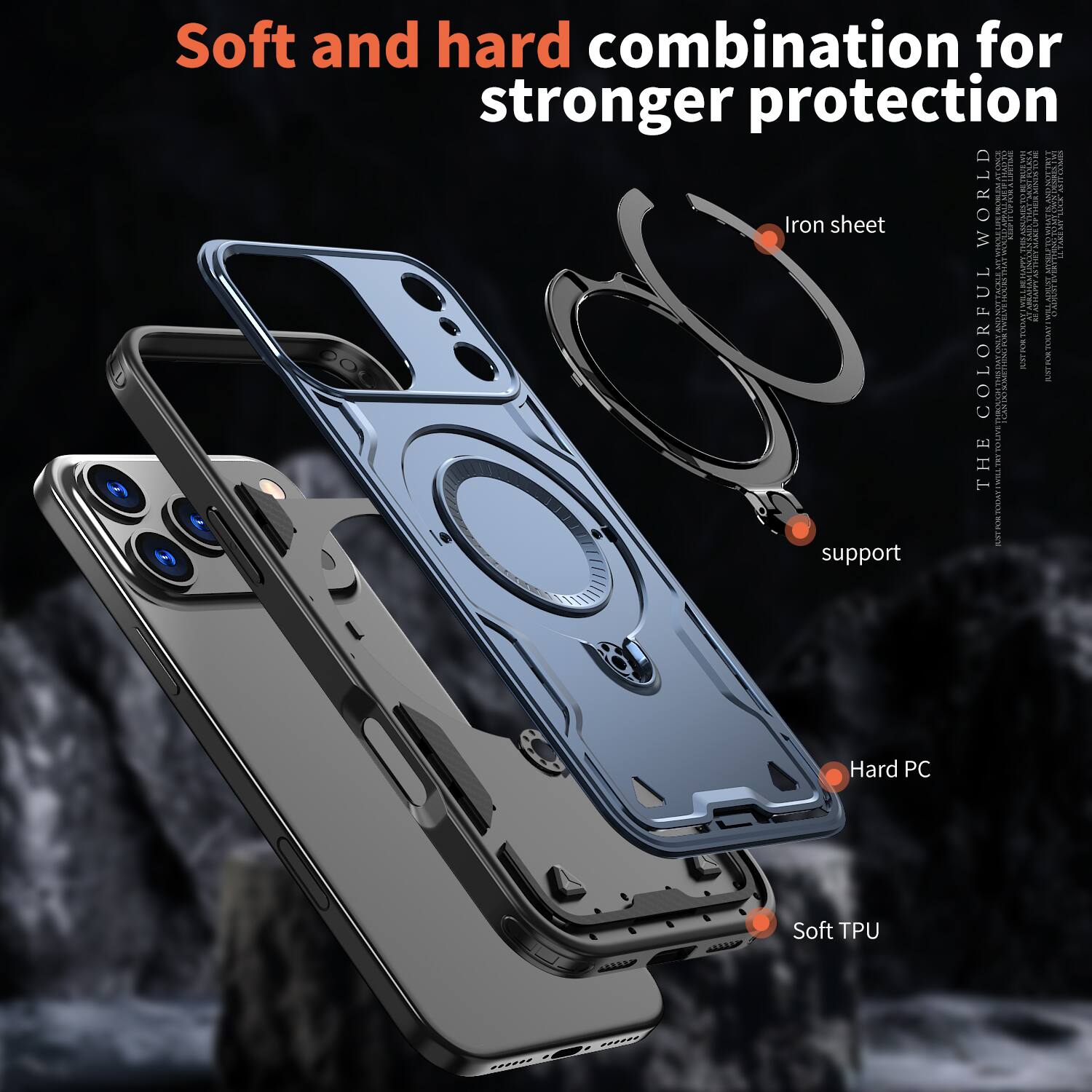 Soft and hard combination for stronger protection

Iron sheet

Hard PC

Soft TPU

Support