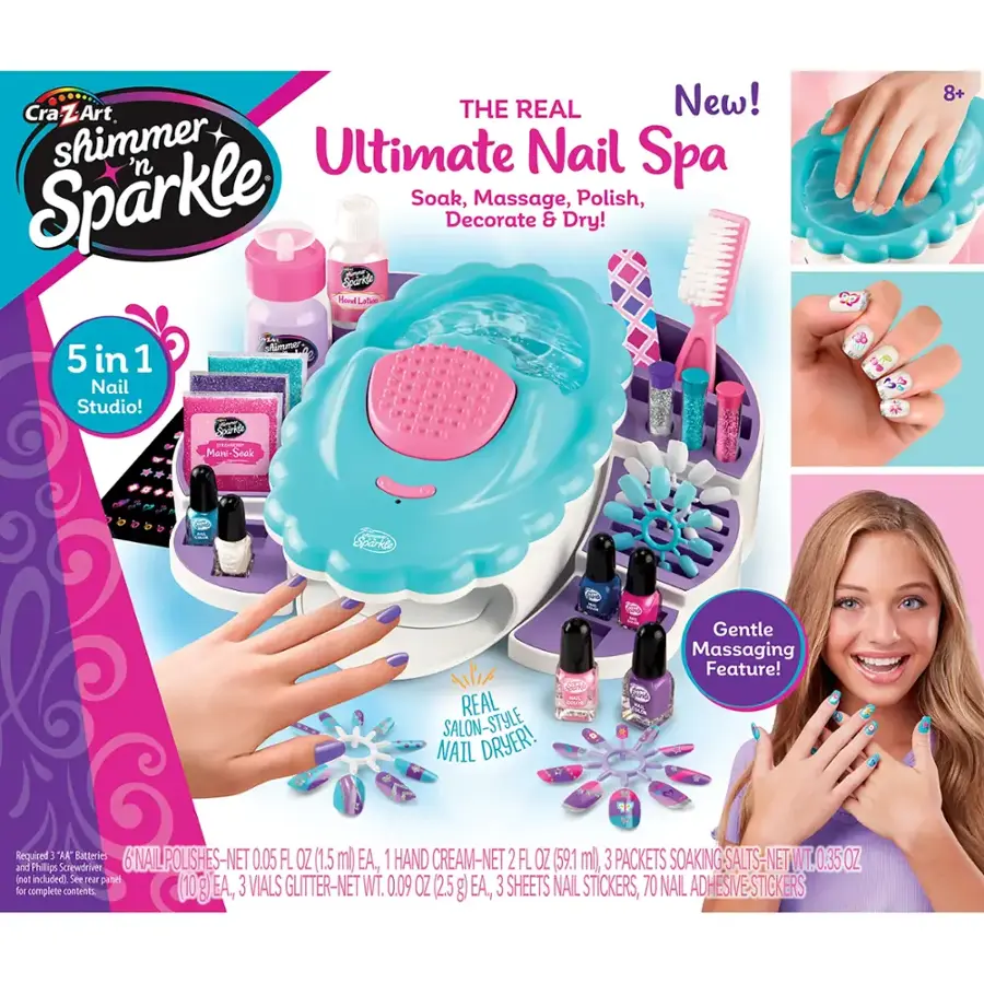 CraZArt Ultimate Nail Spa Shimmer 'n Sparkle Soak, Massage, Polish, Decorate & Dry! 5 in 1 Nail Studio! Soak, Mani Soak, 18+ G Sports Real Salon-Style Nail Dryer! Gentle Massaging Feature! Required 1 "AA" Battery. 6 Nail Polishes - Net Wt. 0.05 FL OZ (1.5 ml) 1 Hand Cream - Net Wt. 2 FL OZ (59.1 ml) 3 Packets Soaking Salts - Net Wt. 0.35 OZ (10 g) and Phillips Screwdriver EA, 10 EA, 3 Sheets Glitter - Net Wt. 0.09 OZ (25 g) EA, 3 Sheets Nail Stickers, 70 Nail Adhesive-Stickers.