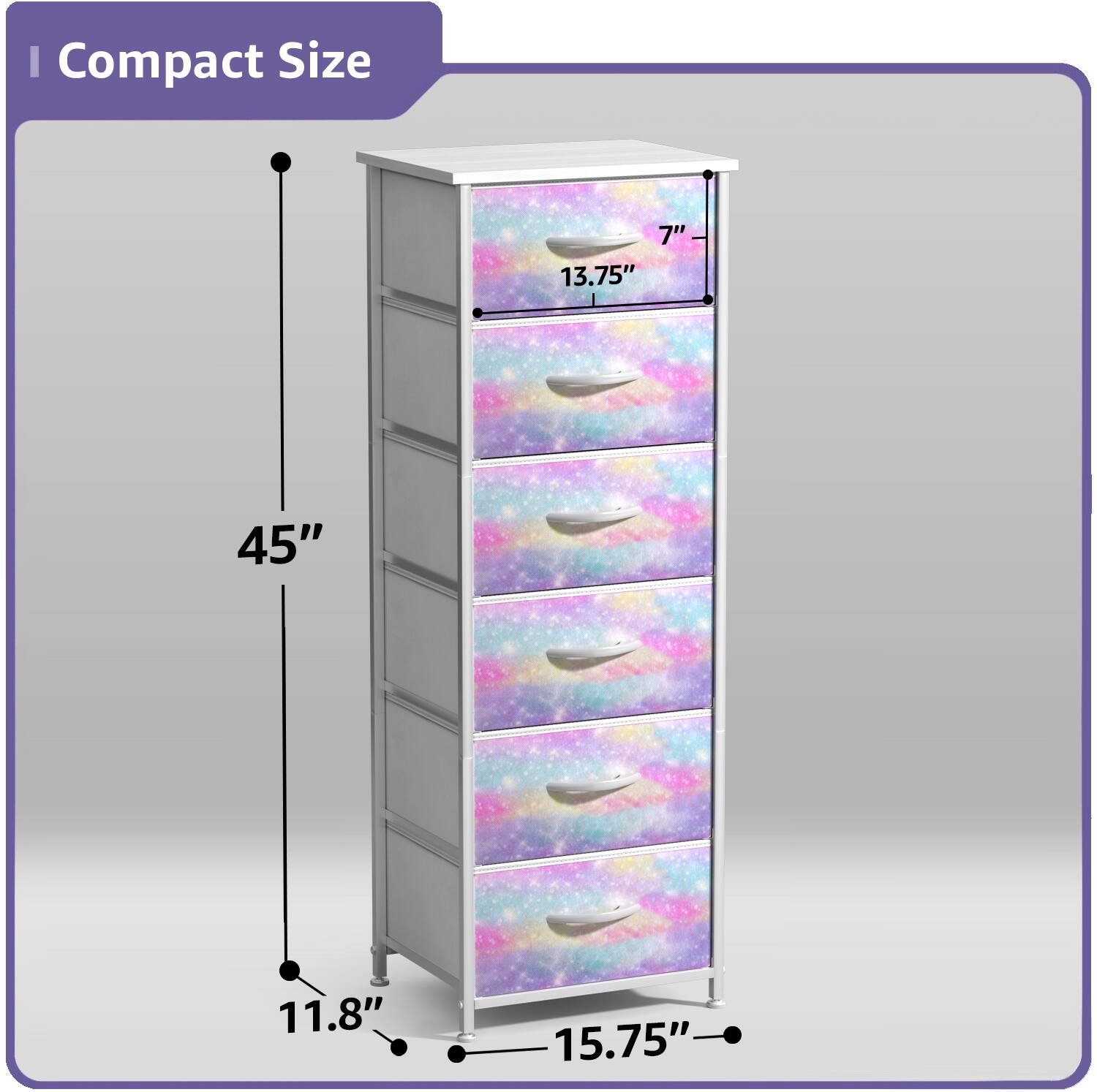 Compact Size

- Height: 45"
- Width: 15.75"
- Depth: 11.8"
- Drawer Height: 13.75"
- Drawer Width: 7"