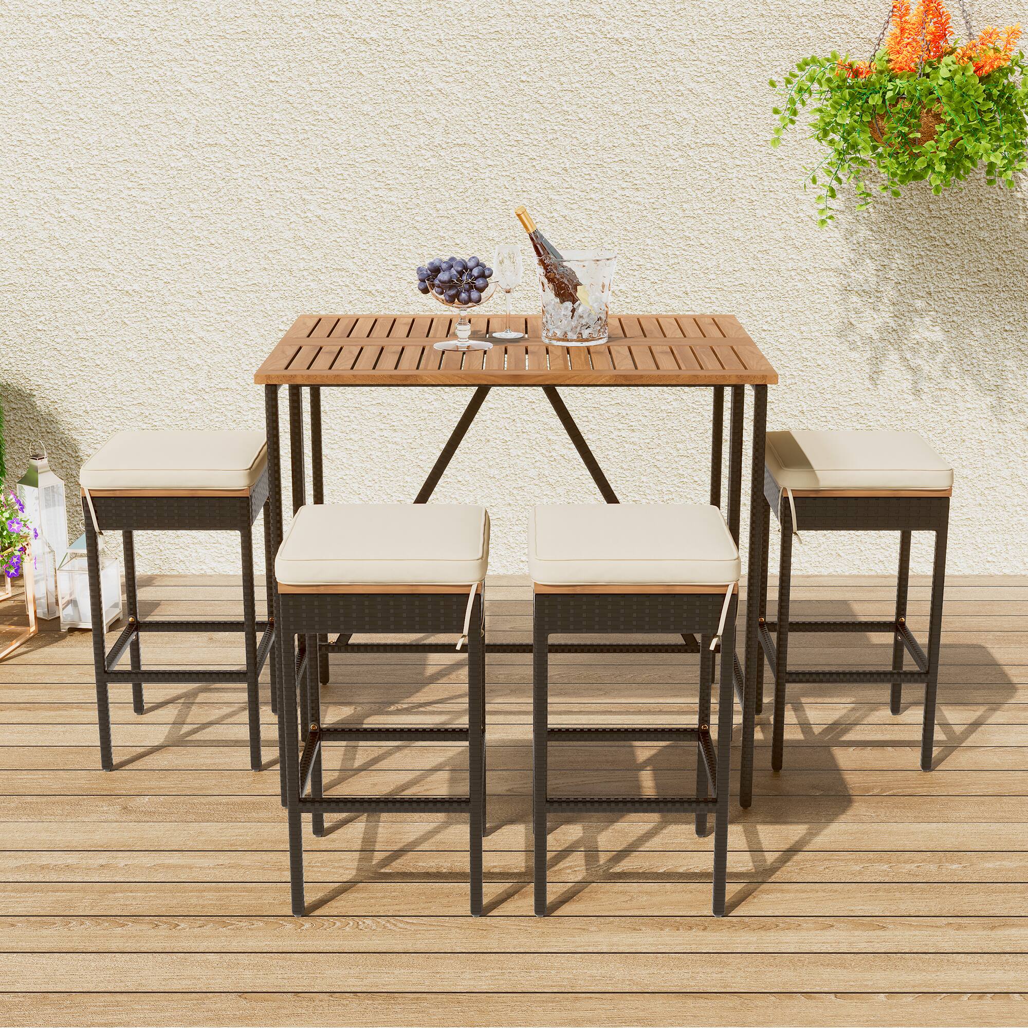Left. Mondawe - 5-Piece Outdoor Acacia Wood PE Rattan Wicker Bar Height Table And Four Stools With Cushions - Brown.