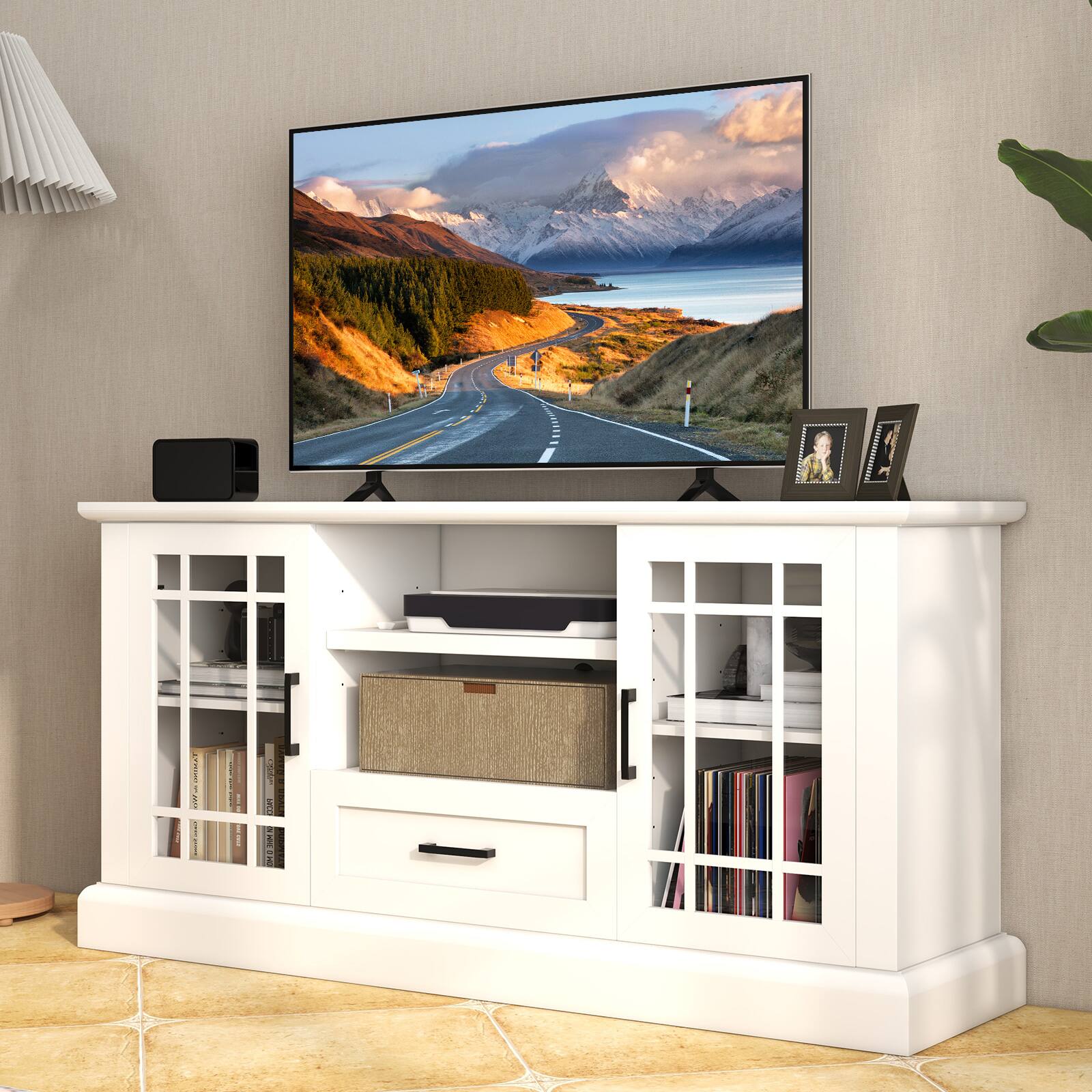 Alt View 1. Costway - Costway 63-Inch Modern TV Cabinet TV Console Table w/ 2 Side Cabinets & Drawer Suits 70" Televisions Farmhouse Style - White.