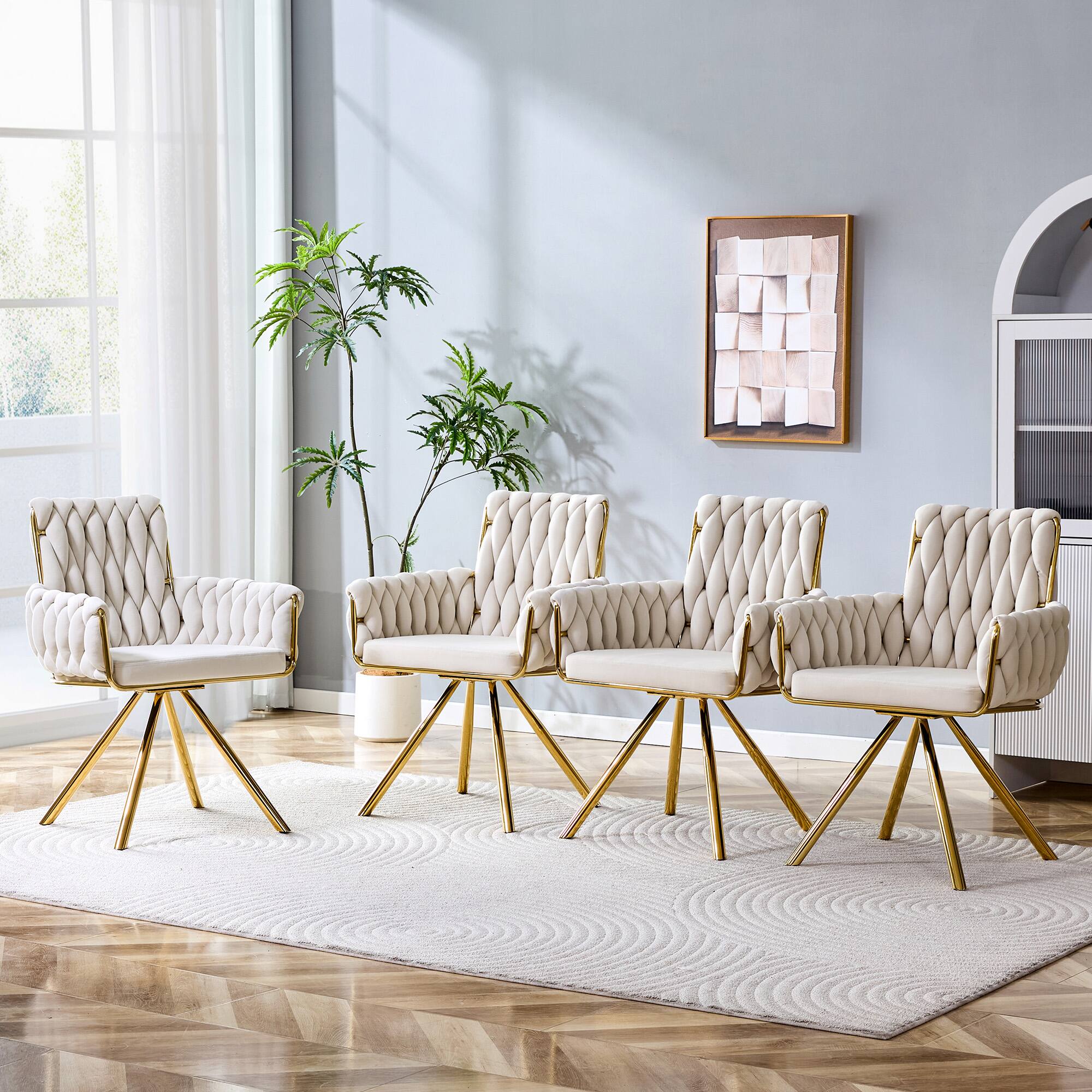 Back. Loheer - Loheer Velvet Dining Chairs Set of 2, Beige Braided Accent Chairs with Arms and Gold Metal Legs, 2.08 ft - Beige,Gold.