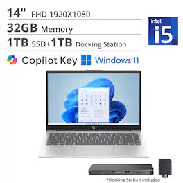 HP - 14" FHD Laptop,Intel Core i5-1334U,32GB DDR4,1TB SSD+1TB Dock Station,Intel Iris Xe GPU,Copilot,Win 11 - Silver