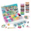 The image features a Rainbow Loom Mega Set, which includes a variety of colorful bracelets and crafts. The set is designed for children and is filled with different types of looms, including a loom combo and a loom kit. The looms are made of rubber bands and are perfect for creating unique and fun bracelets. The set is displayed on a table, with the looms and bracelets arranged neatly in the background. The image showcases the creativity and fun that comes with using a Rainbow Loom Mega Set.