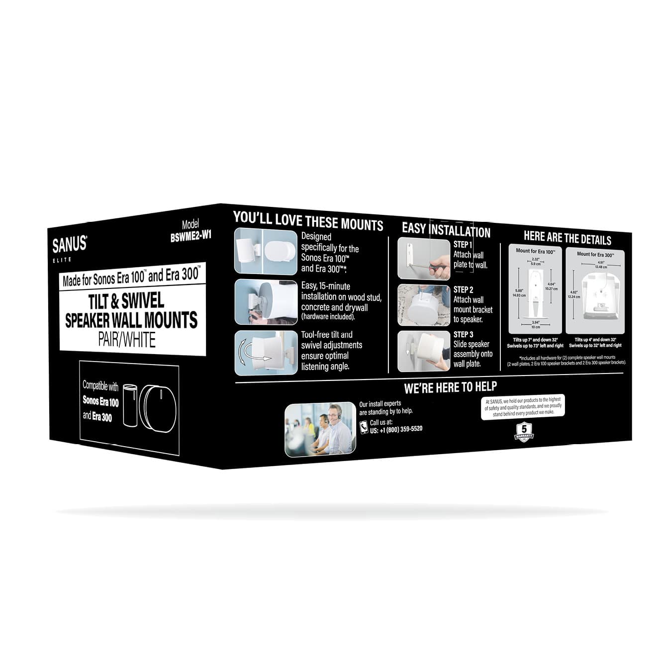 Alt View 22. SANUS Elite - Adjustable Speaker Wall Mount for Sonos Era 100 and Era 300 Speakers - Pair - White.