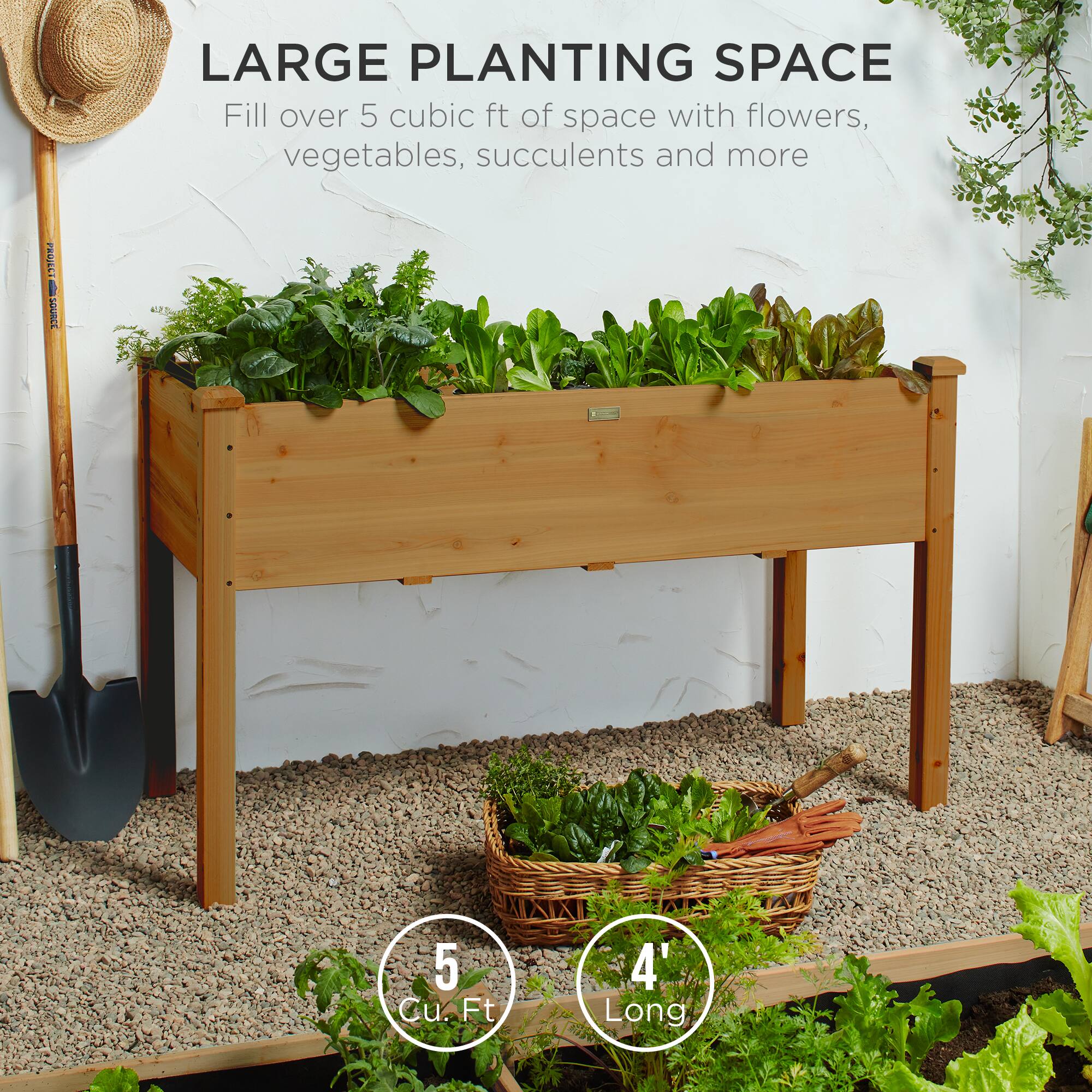 LARGE PLANTING SPACE  
Fill over 5 cubic ft of space with flowers, vegetables, succulents and more  

5 Cu. Ft  
4' Long