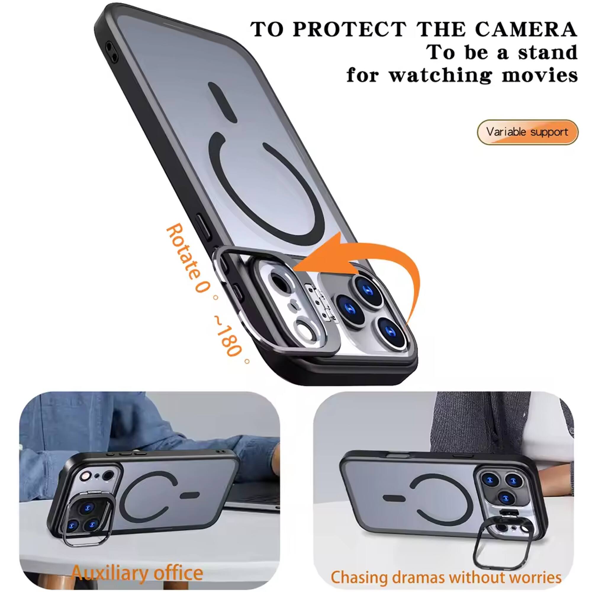 TO PROTECT THE CAMERA  
To be a stand for watching movies  

Variable support  

Rotate 0 ~ 180  

Auxiliary office  

Chasing dramas without worries