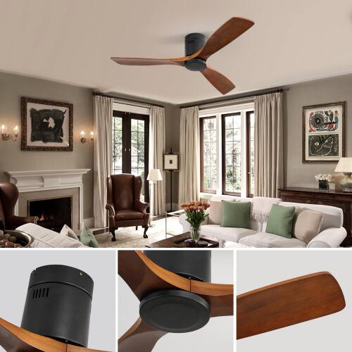 Alt View 4. LUCKY ONE - 52" Wood Ceiling Fan No Light Remote 3 Solid Wood Blades DC Motor - Black.