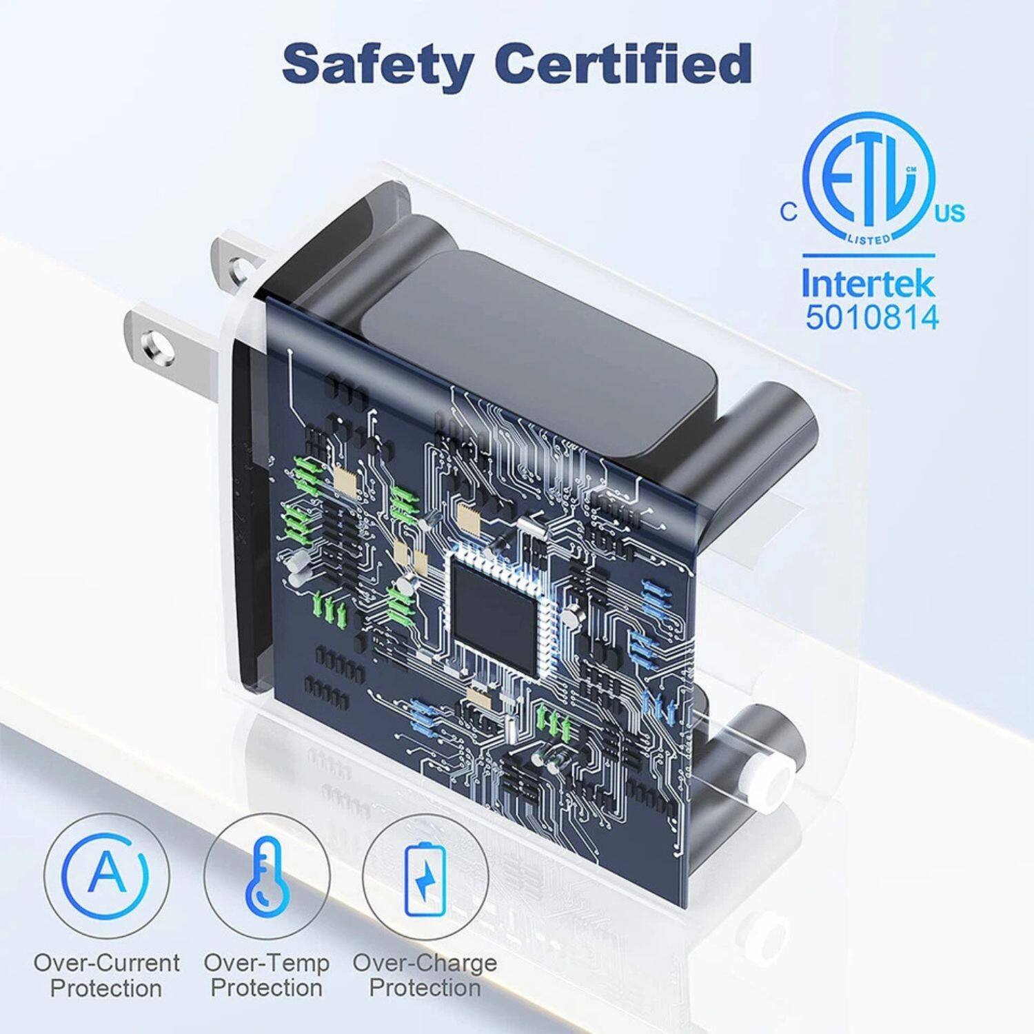 Safety Certified  
ETL US  
Intertek 5010814  

Over-Current Protection  
Over-Temp Protection  
Over-Charge Protection