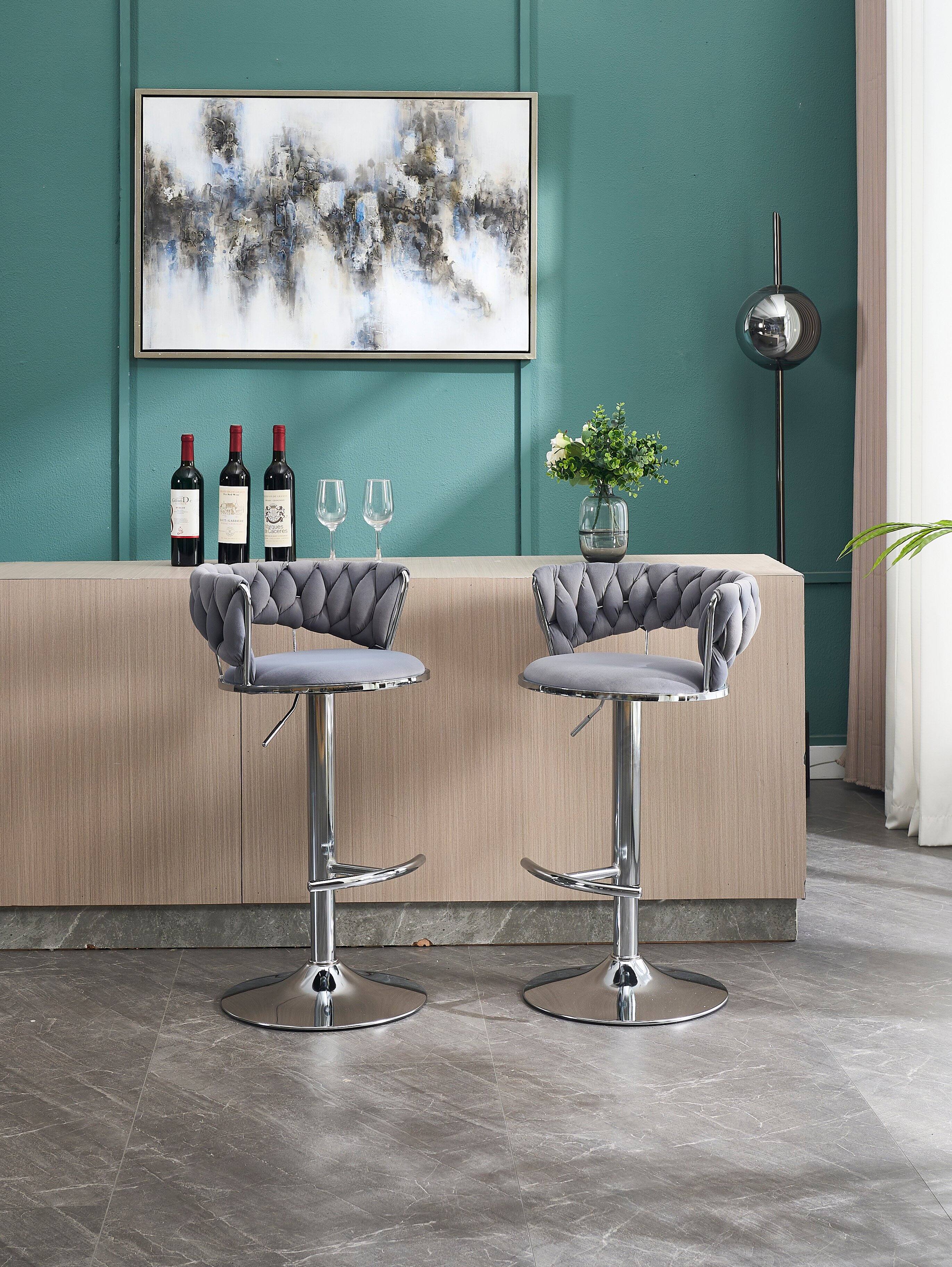 Alt View 2. APRILSOUL - Set of 2 Bar Stools Chrome Footrest Base Swivel Height Adjustable Velvet Chrome Leg GREY - White.