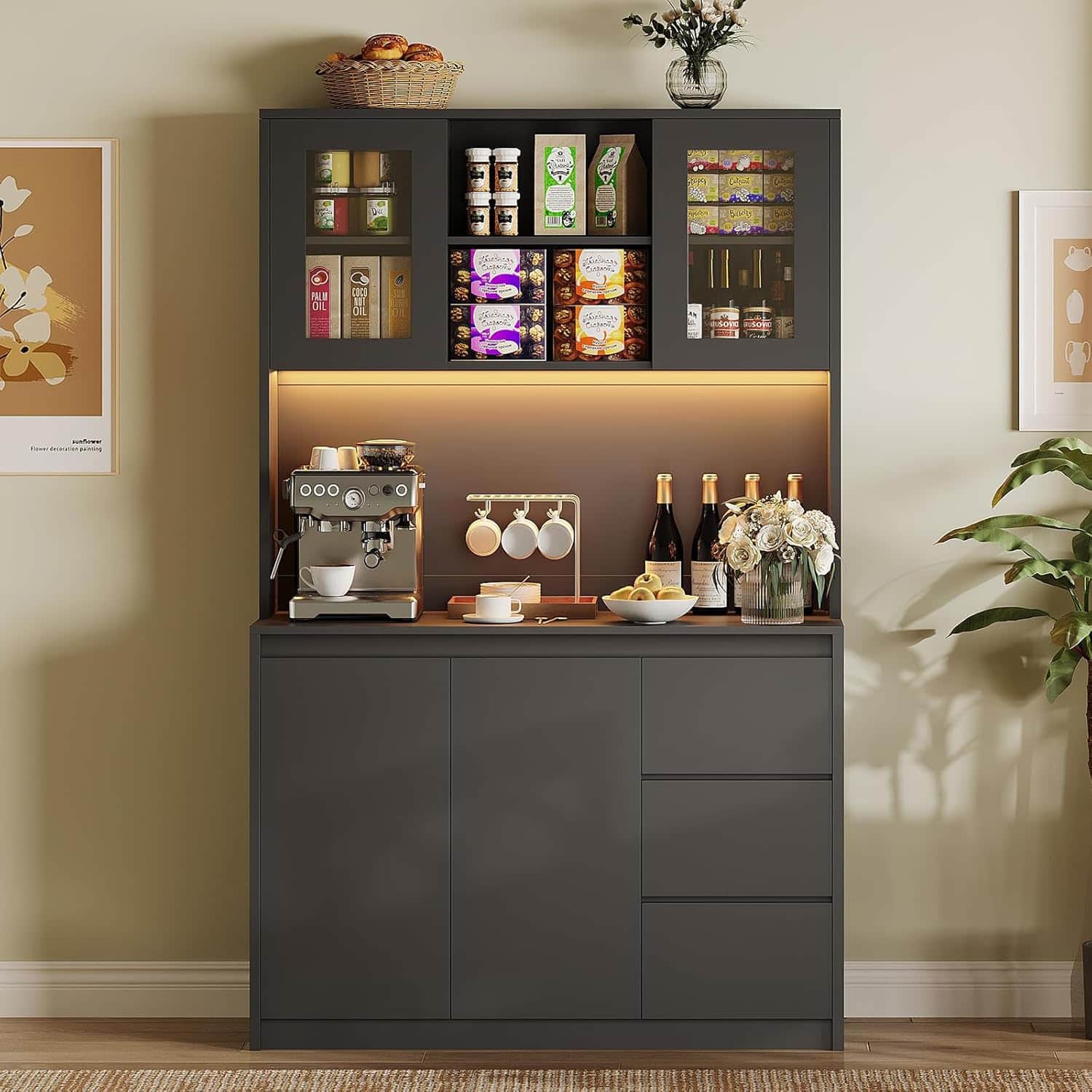 Homhougo - 71" Tall Kitchen Pantry Cabinet, Kitchen Storage Hutch with Led Lights and Power Outlets, Microwave Stand, Glass Door - Black