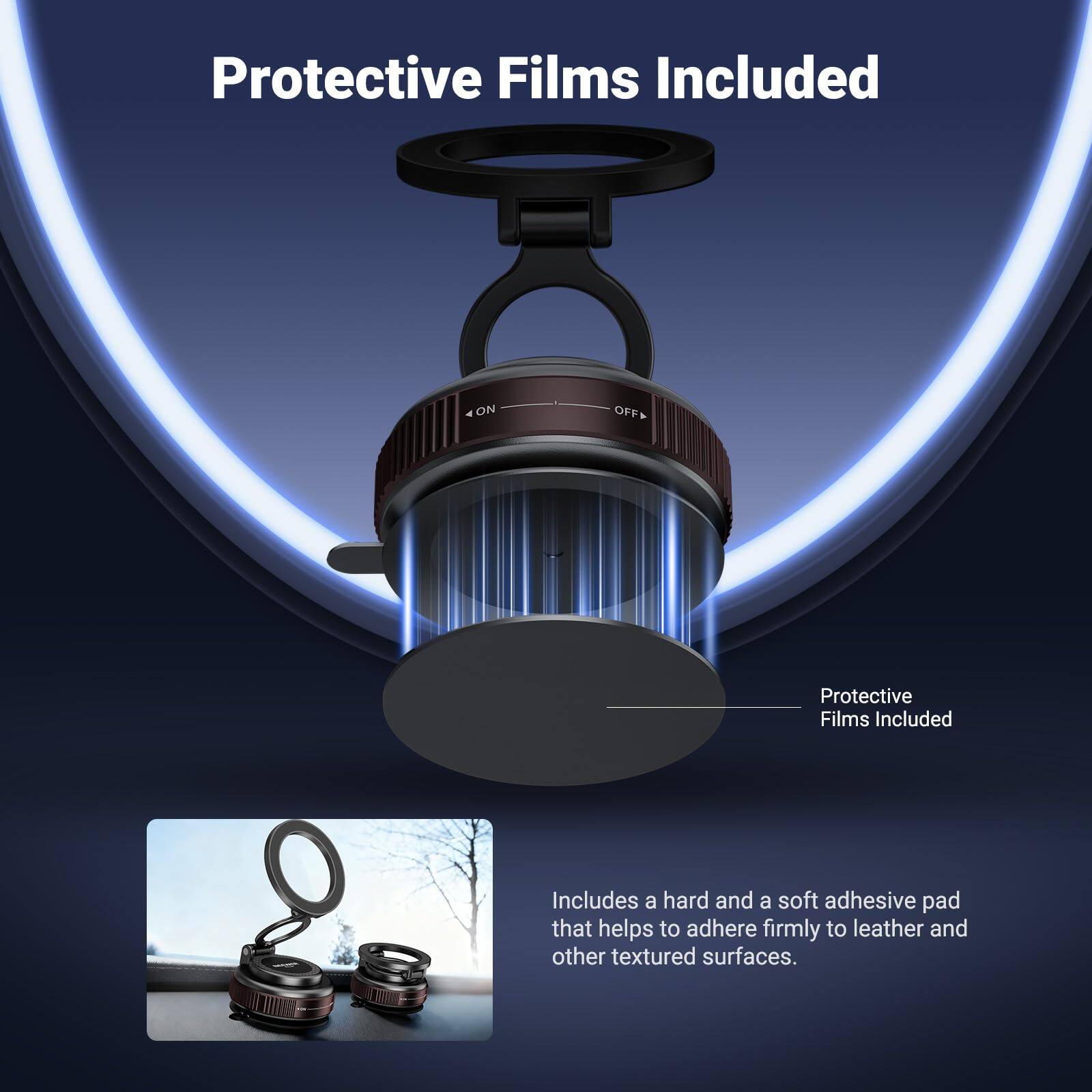 Protective Films Included

Includes a hard and a soft adhesive pad that helps to adhere firmly to leather and other textured surfaces.