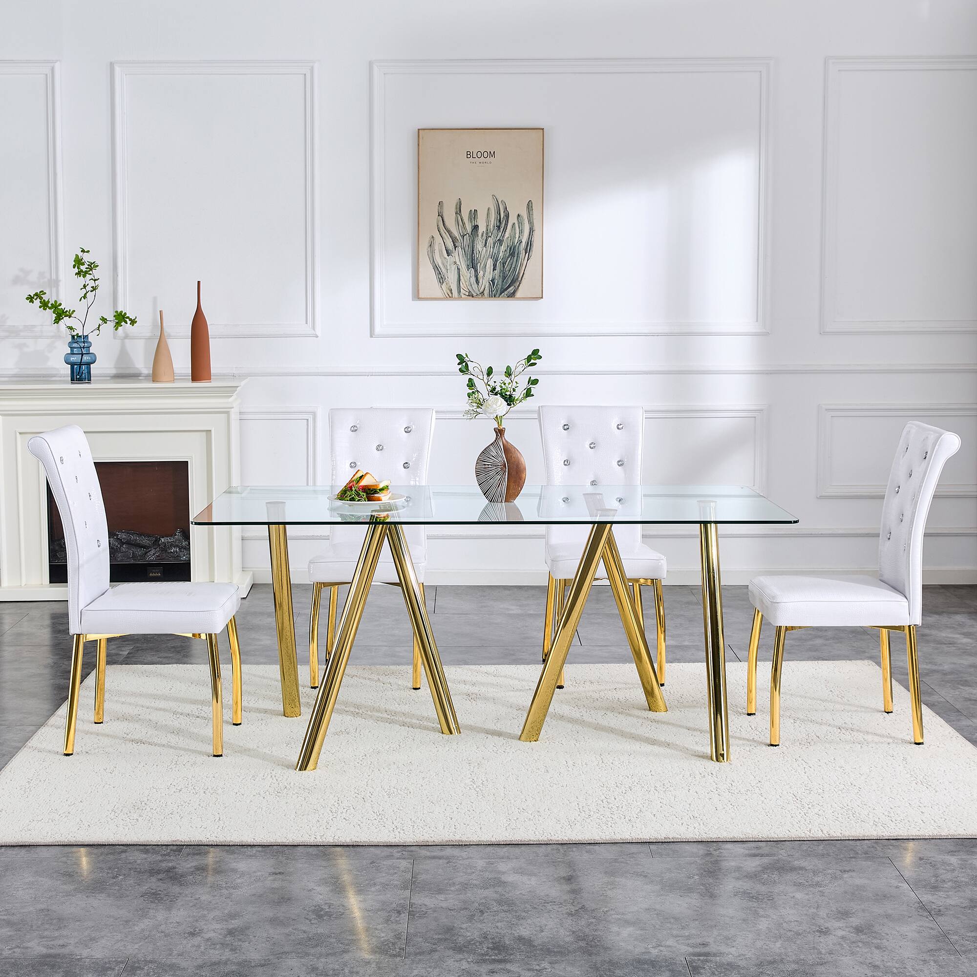 Alt View 6. Loheer - Loheer- 5.9 Ft Modern Tempered Glass Dining Table with Sturdy Metal Legs for Large Family - Gold.
