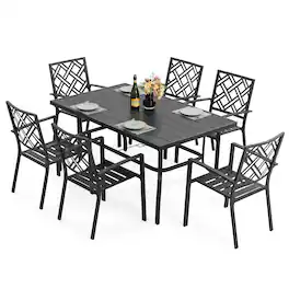 Nuu Garden - 7-Piece Metal Patio Dining Set with Umbrella Hole and Stackable Chairs - Black