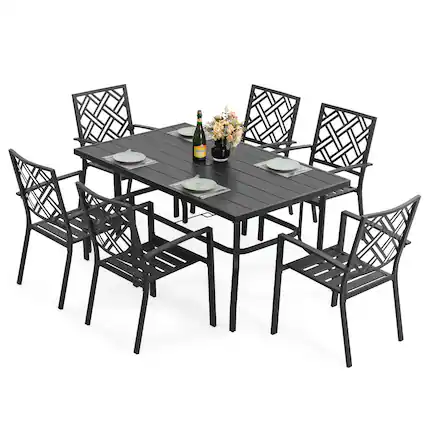 Front. Nuu Garden - 7-Piece Metal Patio Dining Set with Umbrella Hole and Stackable Chairs - Black.
