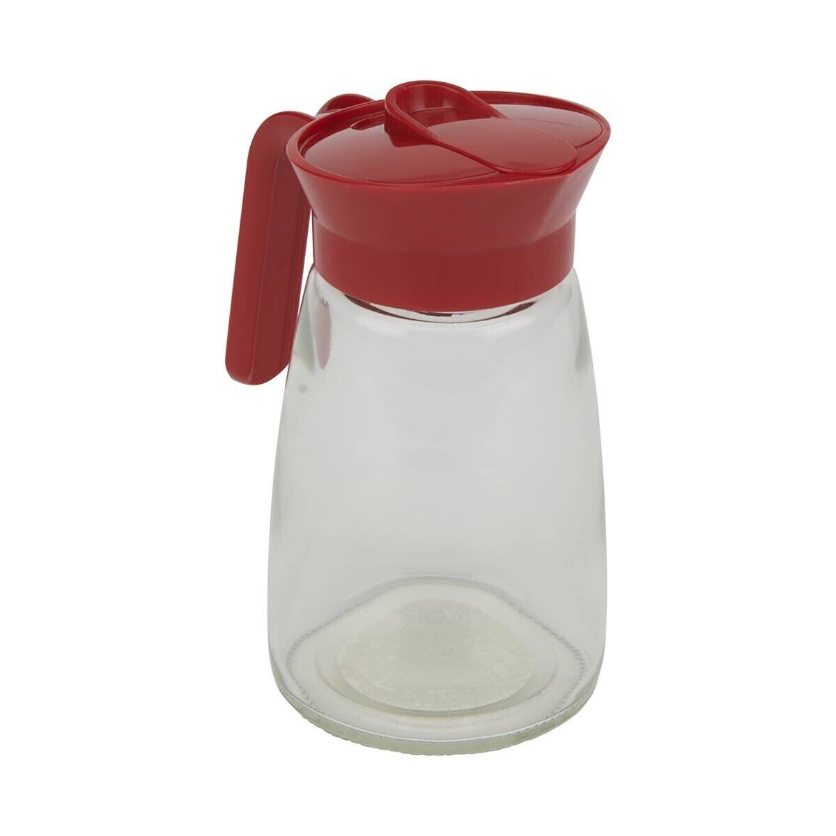 Angle. Amazon - GoodCook 12 oz. Glass Syrup Dispenser with Lid (Clear/Red) - Clear/Red.
