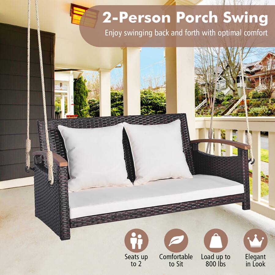Pefilos 2 Person Patio Rattan Porch Swing, 2 Seater Hanging Bench ...