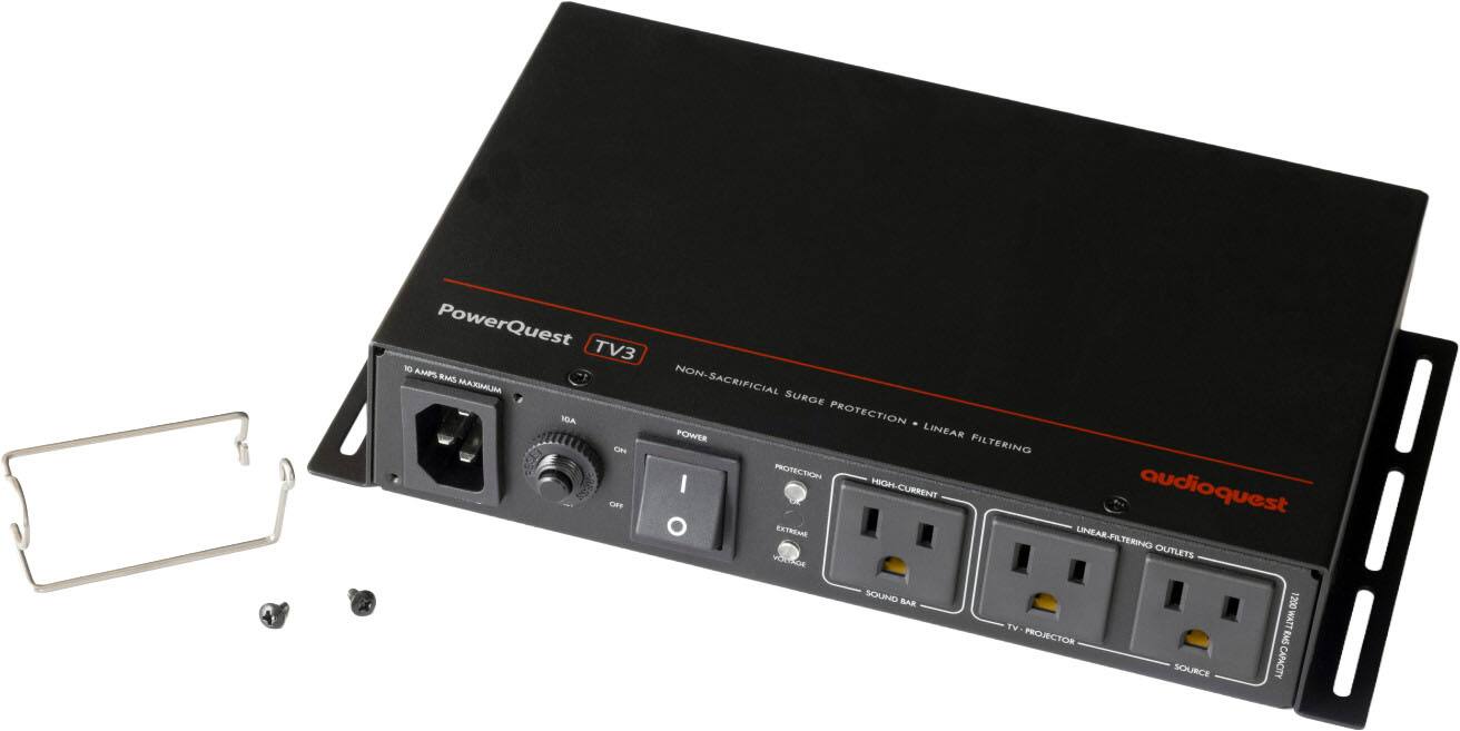 PowerQuest TV3  
Non-Sacrificial Surge Protection - Linear Filtering  
1200 Watt Capacity  
High-Current High-Linear Filtering Outlets  
Hardwired Sound Bar, TV, Projector, Source Protection  
AudioQuest
