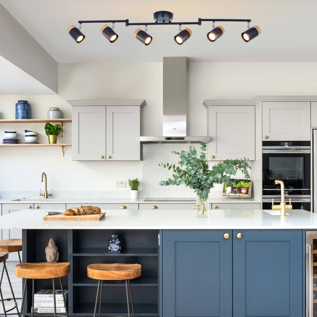 Back. Dazzed Corner - 6-Light Black Track Lighting with Natural Wood Accents, Adjustable Beams and Rotating Spotlights - Black.