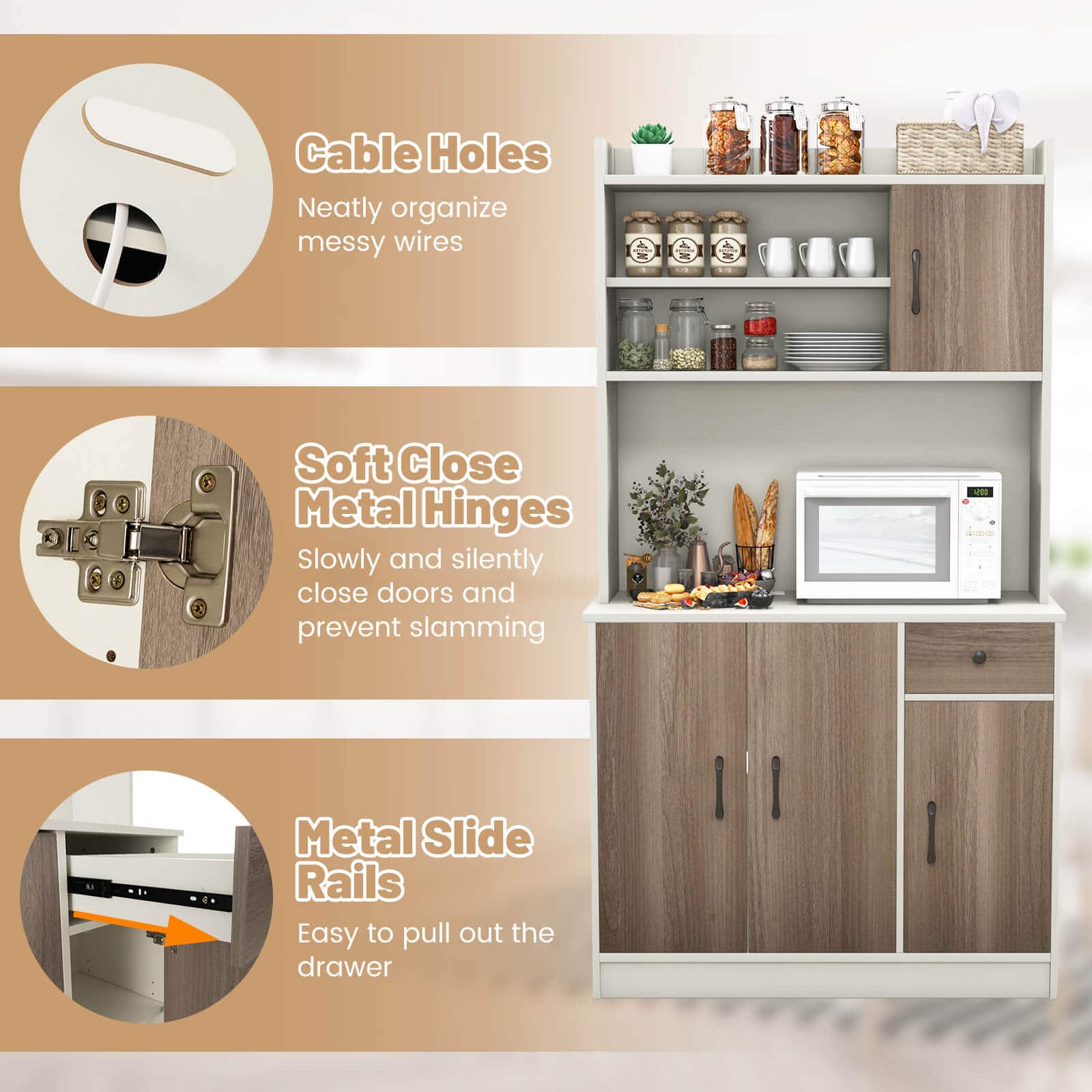 The image features a wooden cabinet with various items on it, such as a microwave, a vase, and a bottle. The cabinet has a drawer with a metal slide rail, which is easy to pull out. The cabinet also has a soft-close metal hinge that allows the doors to close slowly and silently, preventing them from slamming shut. Additionally, the cabinet has cable holes that neatly organize messy wires, making the space more organized and tidy.