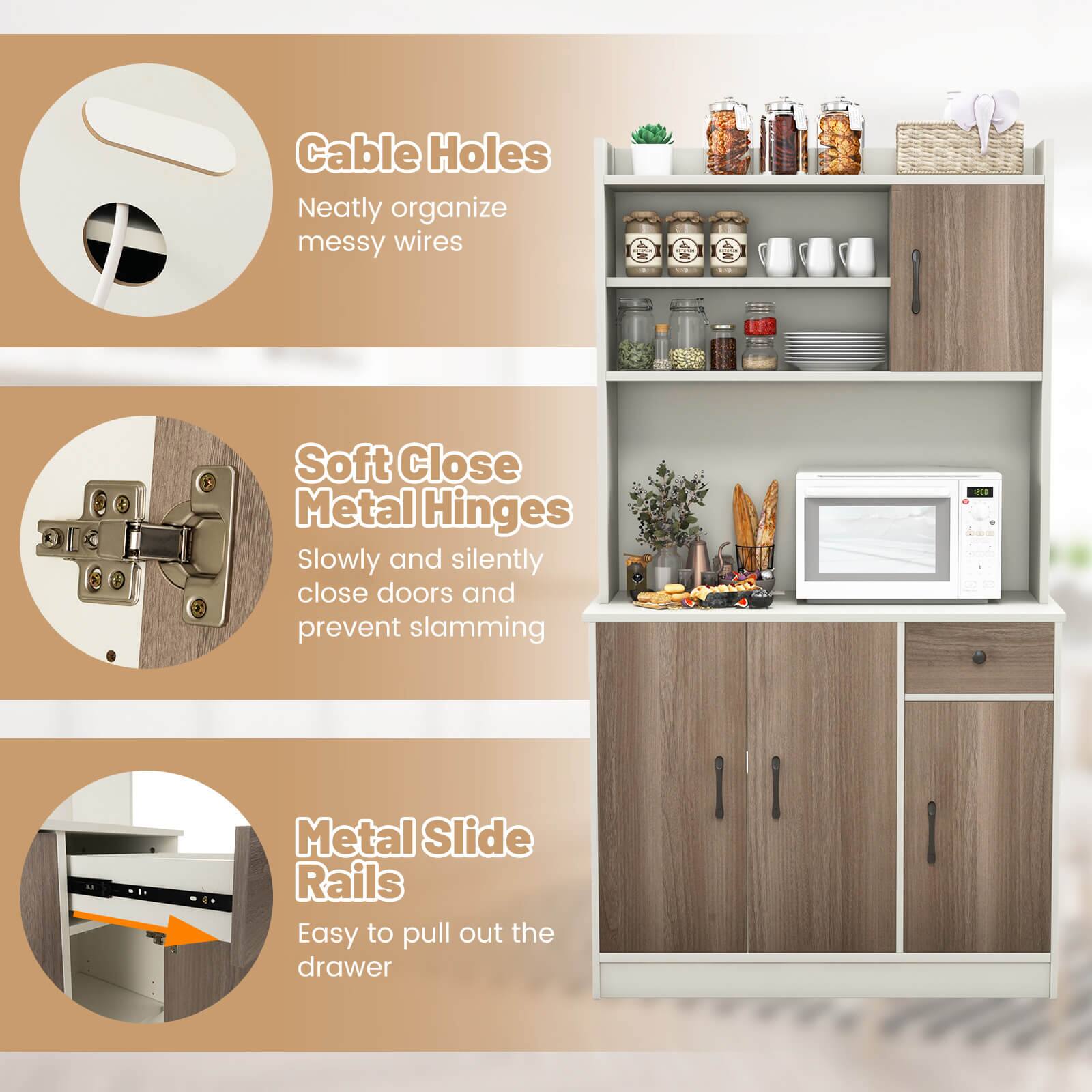 The image features a wooden cabinet with various items on it, such as a microwave, a vase, and a bottle. The cabinet has a drawer with a metal slide rail, which is easy to pull out. The cabinet also has a soft-close metal hinge that allows the doors to close slowly and silently, preventing them from slamming shut. Additionally, the cabinet has cable holes that neatly organize messy wires, making the space more organized and tidy.