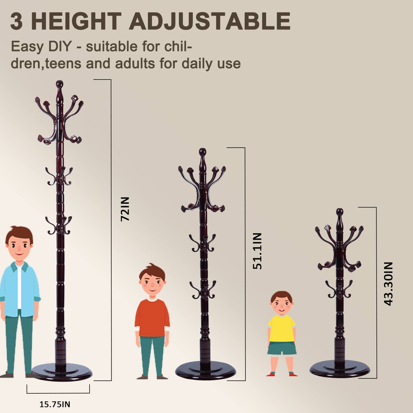 Alt View 4. Chateau Abodes - Solid Wood Coat Rack, Free Standing Hall Coat Tree with 14Hooks, 3 Height Options, 300lbs Load, Stury Base - Ruyi.