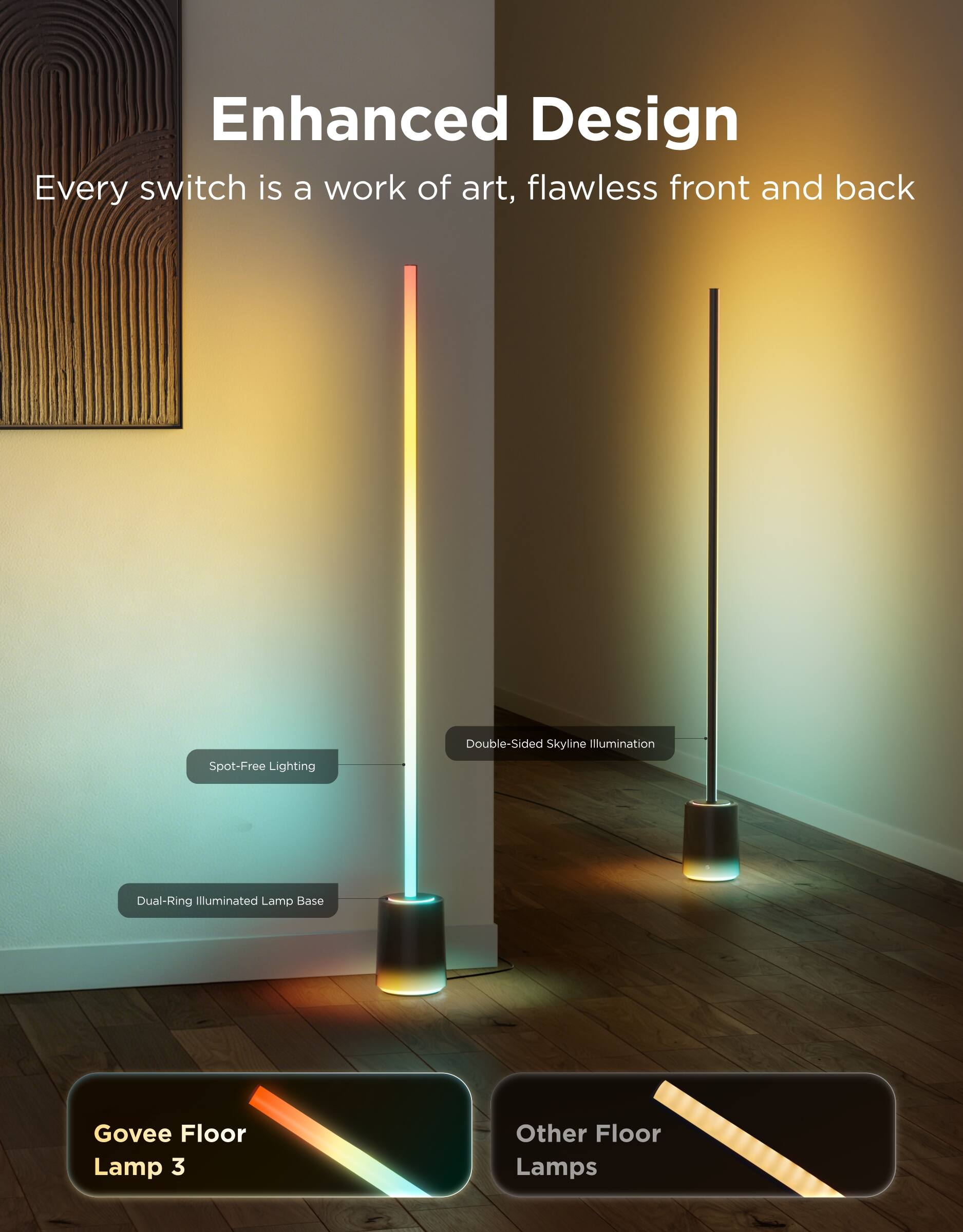Enhanced Design  
Every switch is a work of art, flawless front and back  

Spot-Free Lighting  
Double-Sided Skyline Illumination  
Dual-Ring Illuminated Lamp Base  

Govee Floor Lamp 3  
Other Floor Lamps