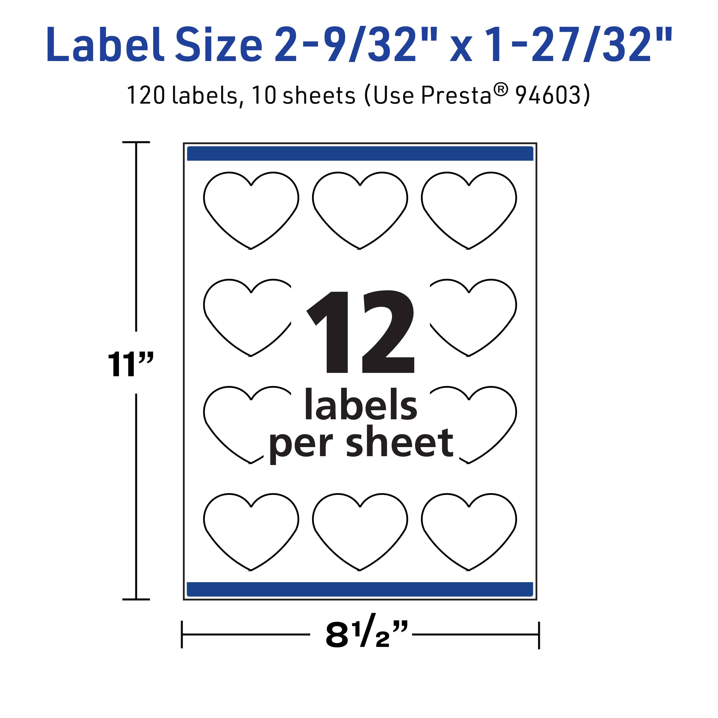Label Size 2-9/32" x 1-27/32"  
120 labels, 10 sheets (Use Presta® 94603)  
11" x 8½"  
12 labels per sheet