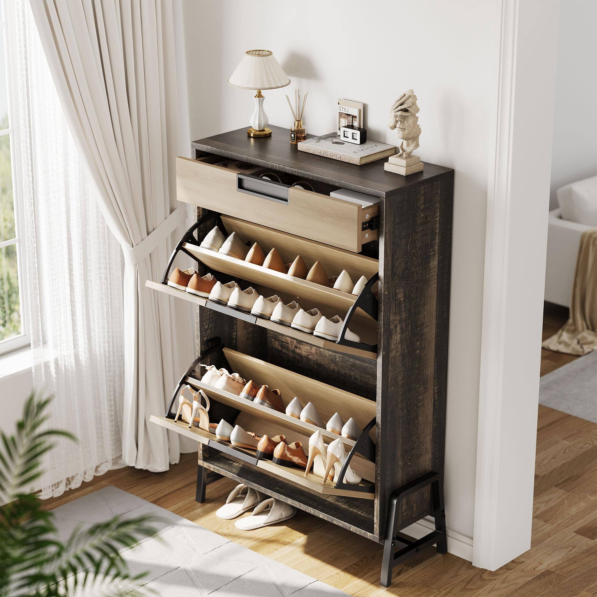 Jojoka - Shoe Storage Organizer with 2 Flip Drawers and 1 Drawer, Freestanding Narrow Shoe Rack, Shoe Storage Organizer - Oak