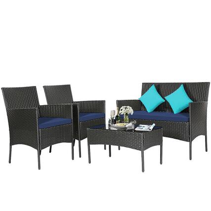 Front. Costway - 4 PCS Patio Rattan Furniture Set Cushioned Sofa Coffee Table Backyard Porch - Navy + Black.