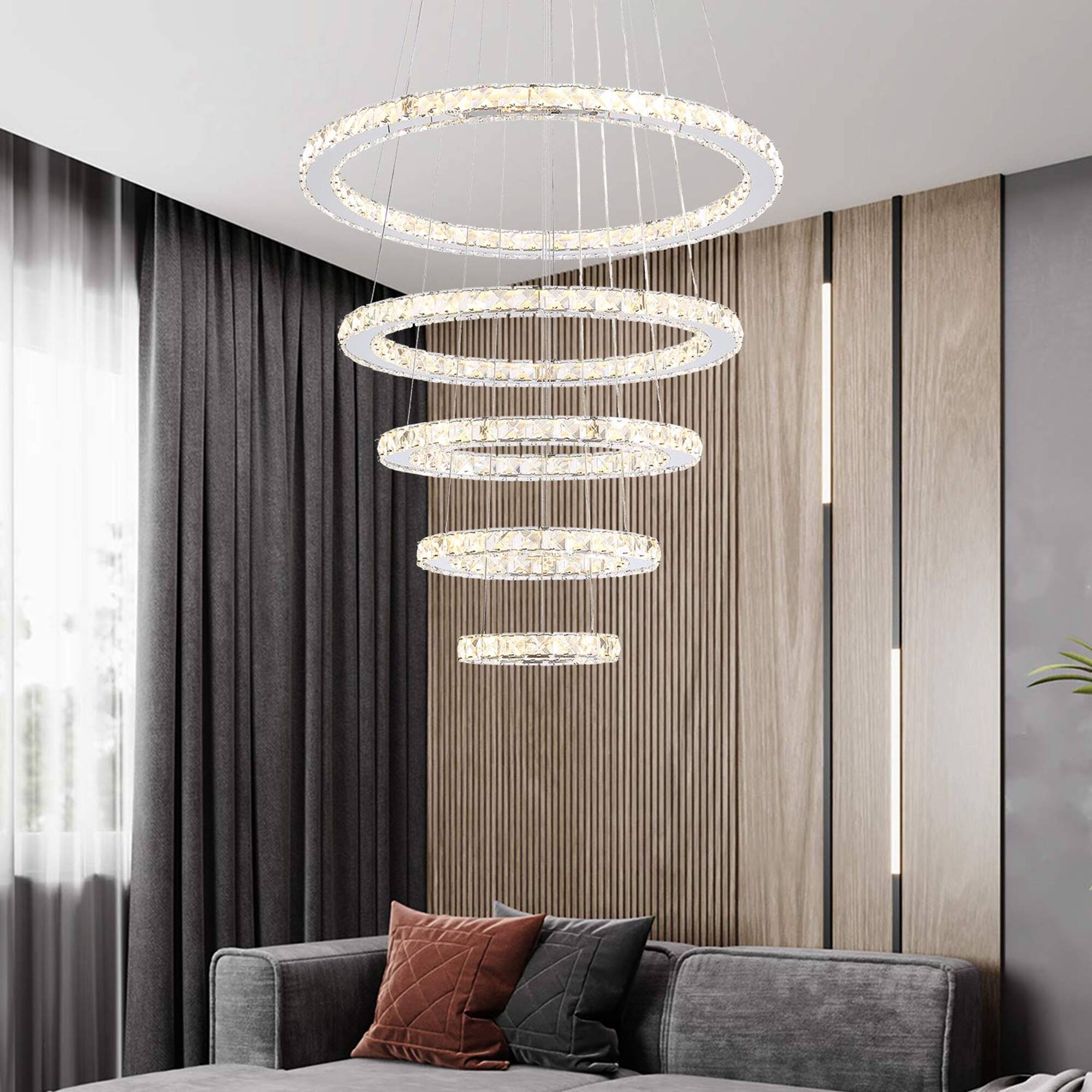 Left. Siljoy - 118" 5-Ring Modern Crystal LED Chandelier, 3 Color Temperature Adjustable Pendant Light for Foyer Staircase Living Room - Chrome.