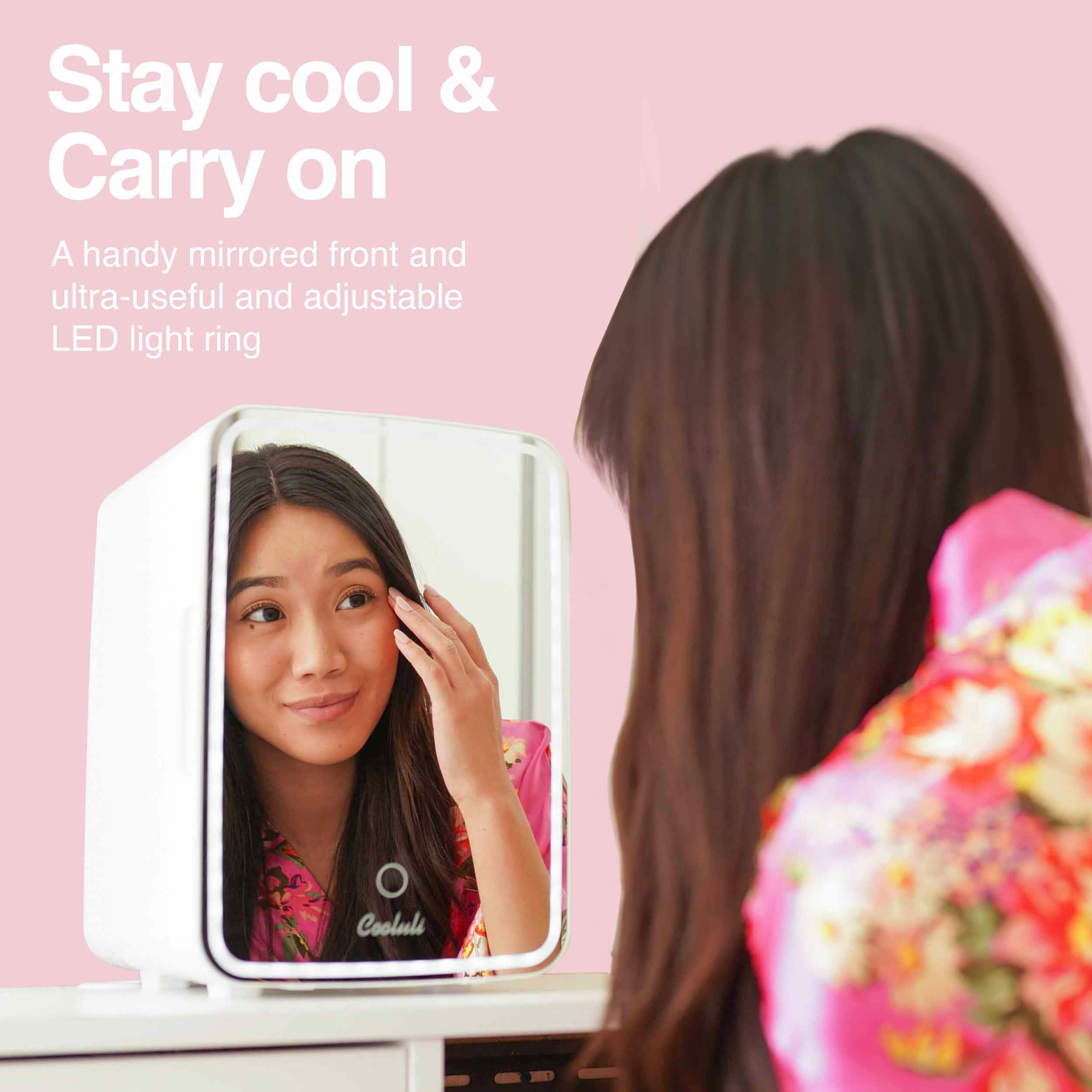 Stay cool & carry on: A handy mirrored front and ultra-useful and adjustable LED light ring.
