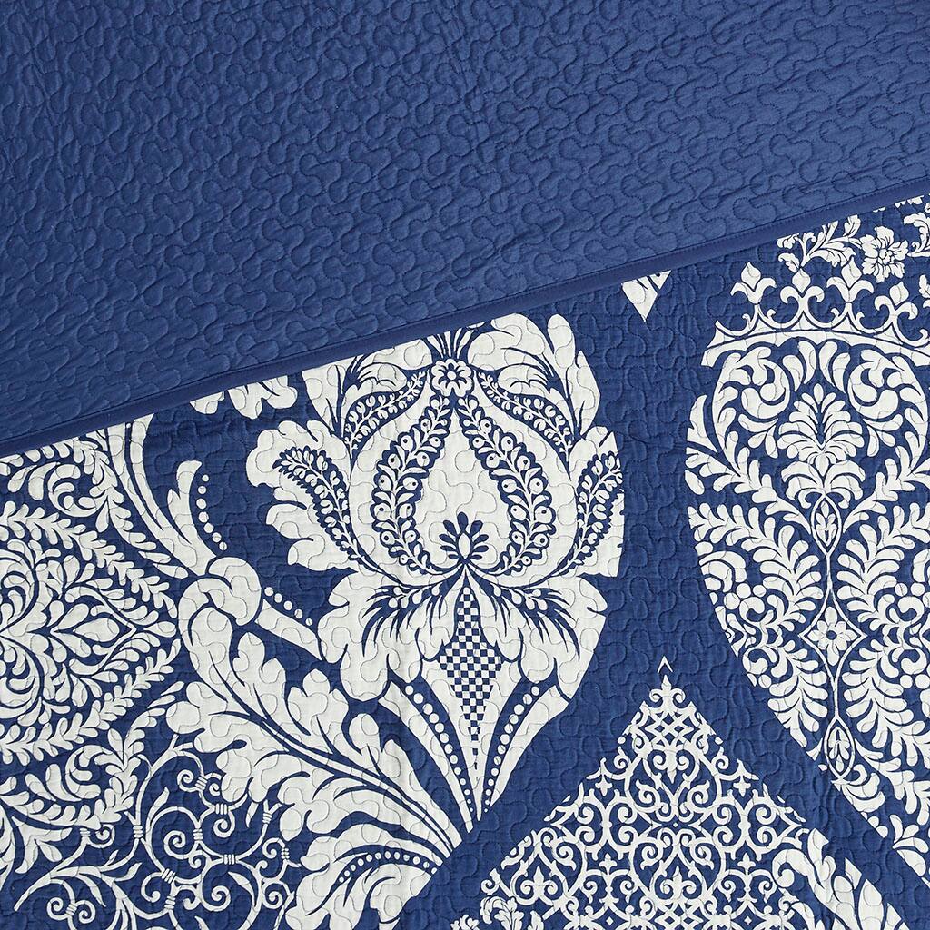 Alt View 5. Gracie Mills - Gracie Mills Muriel 6 Piece Damask Printed Cotton Quilt Set with Throw Pillows - Indigo.