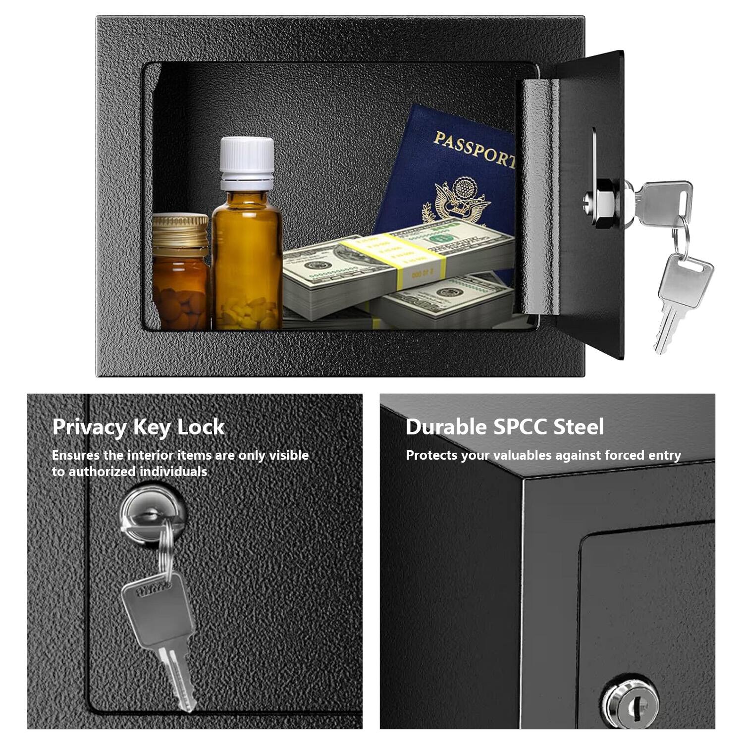 Privacy Key Lock  
Ensures the interior items are only visible to authorized individuals  

Durable SPCC Steel  
Protects your valuables against forced entry