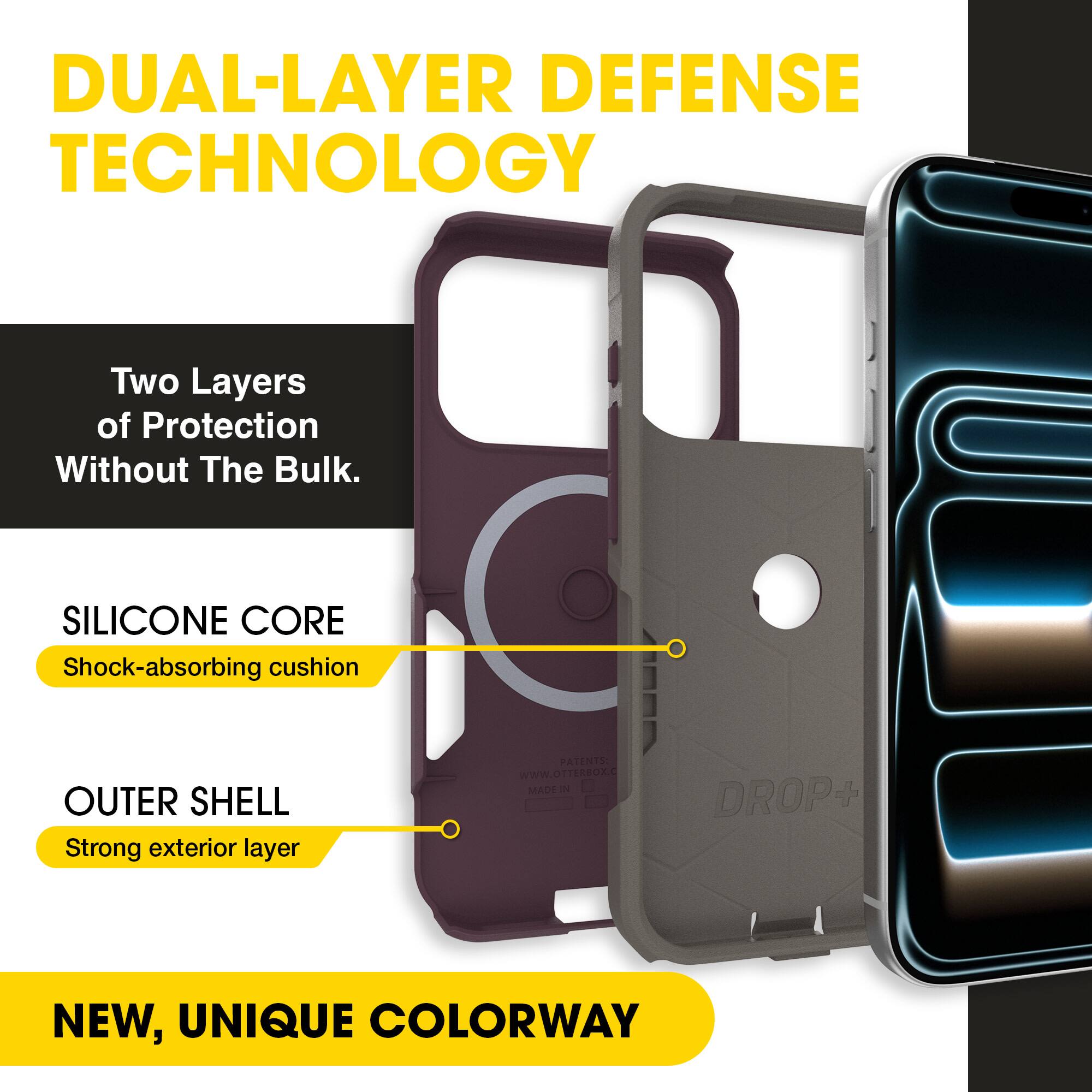 DUAL-LAYER DEFENSE TECHNOLOGY  
Two Layers of Protection Without The Bulk.  

SILICONE CORE  
Shock-absorbing cushion  

OUTER SHELL  
Strong exterior layer  

NEW, UNIQUE COLORWAY  

PATENTS  
WWW.OTTERBOX.COM  
MADE IN CHINA