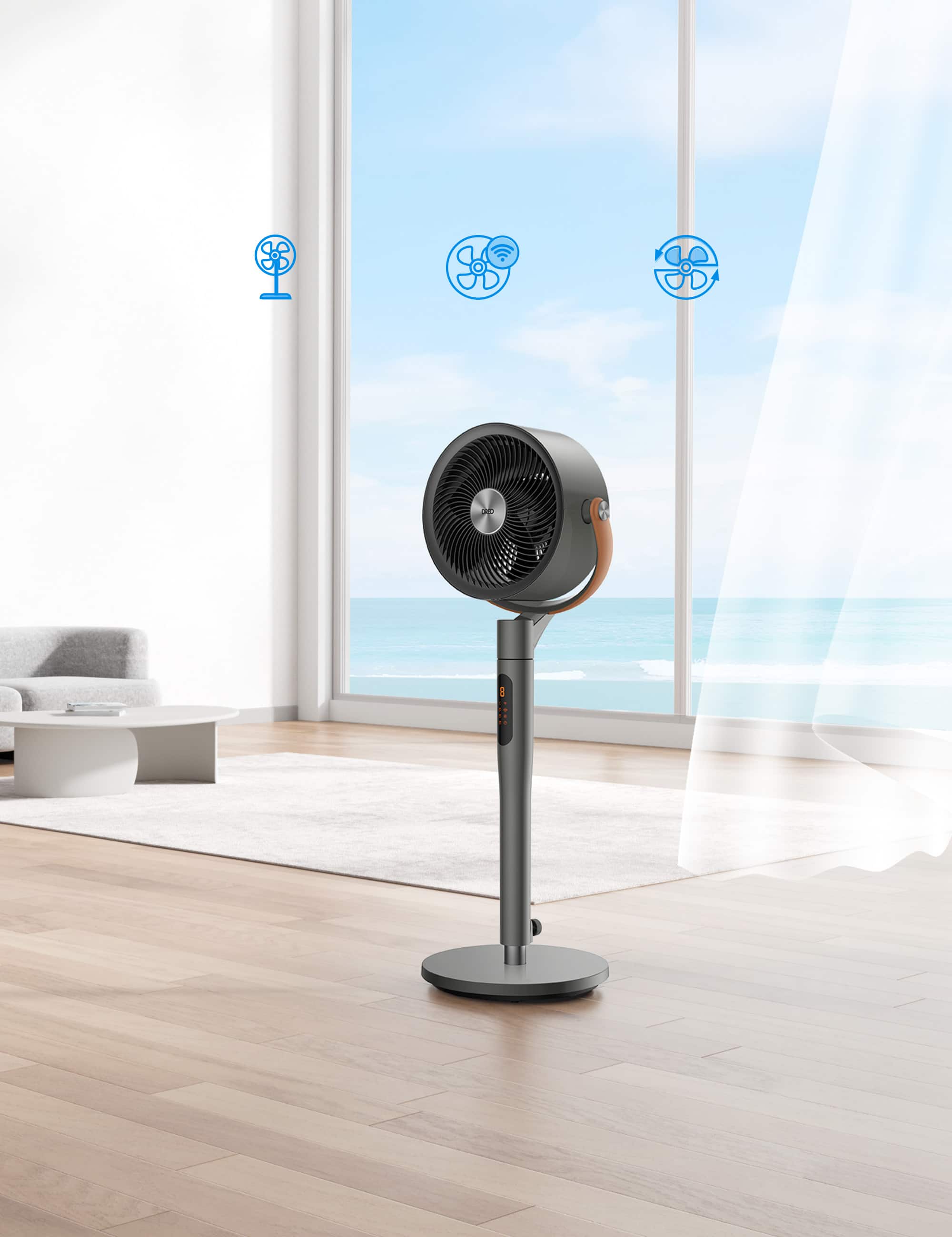 Angle. Dreo - Pedestal Fan with Remote, 120° + 105°Smart Oscillating Floor Fans with Wi-Fi/Voice Control, Works with Alexa/Google - Gray.