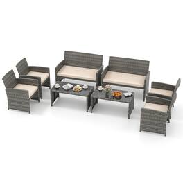 Gymax - 8PCS Patio Outdoor Conversation Set w/Seat Cushions & Tempered Glass Tabletop - Off White