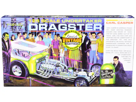 **1/25 Scale Undertaker Dragster**
**Created by Carl Casper**
**Polar Lights**
**All Plastic Assembly Kit**
**Special Vintage Edition**
**Molded in 2 Colors**
**Loaded with Chrome**
---
**Carl Casper is America's Youngest, Most Exciting Designer, Builder and Driver of "Show and Go" Cars. Barely out of his teens, Carl has won over 200 trophies and his "Undertaker" is the greatest yet. This wild dragster is the NHRA National Sweepstakes Champion and is undefeated in competition from coast to coast.**
**When you build your 1/25 scale model kit, you'll soon see why the "Undertaker" was able to "bury" all competition.**
---
**The Undertaker**
**Grave by Carl Casper**