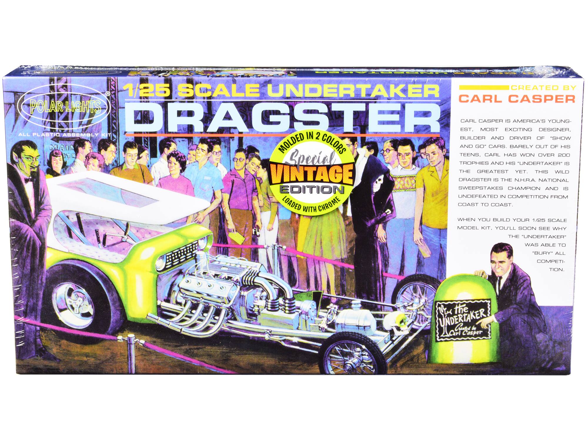 **1/25 Scale Undertaker Dragster**

**Created by Carl Casper**

**Polar Lights**

**All Plastic Assembly Kit**

**Special Vintage Edition**

**Molded in 2 Colors**

**Loaded with Chrome**

---

**Carl Casper is America's Youngest, Most Exciting Designer, Builder and Driver of "Show and Go" Cars. Barely out of his teens, Carl has won over 200 trophies and his "Undertaker" is the greatest yet. This wild dragster is the NHRA National Sweepstakes Champion and is undefeated in competition from coast to coast.**

**When you build your 1/25 scale model kit, you'll soon see why the "Undertaker" was able to "bury" all competition.**

---

**The Undertaker**  
**Grave by Carl Casper**