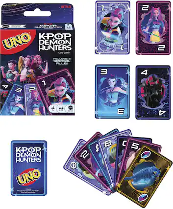 NETFLIX
KPOP DEMON HUNTERS Card Game
Includes a special rule!
UNO
KPOP DEMON HUNTERS
Card Game
7+ 2-10
MATTEL Games
KPOP Demon Hunters © Netflix. Used with permission.