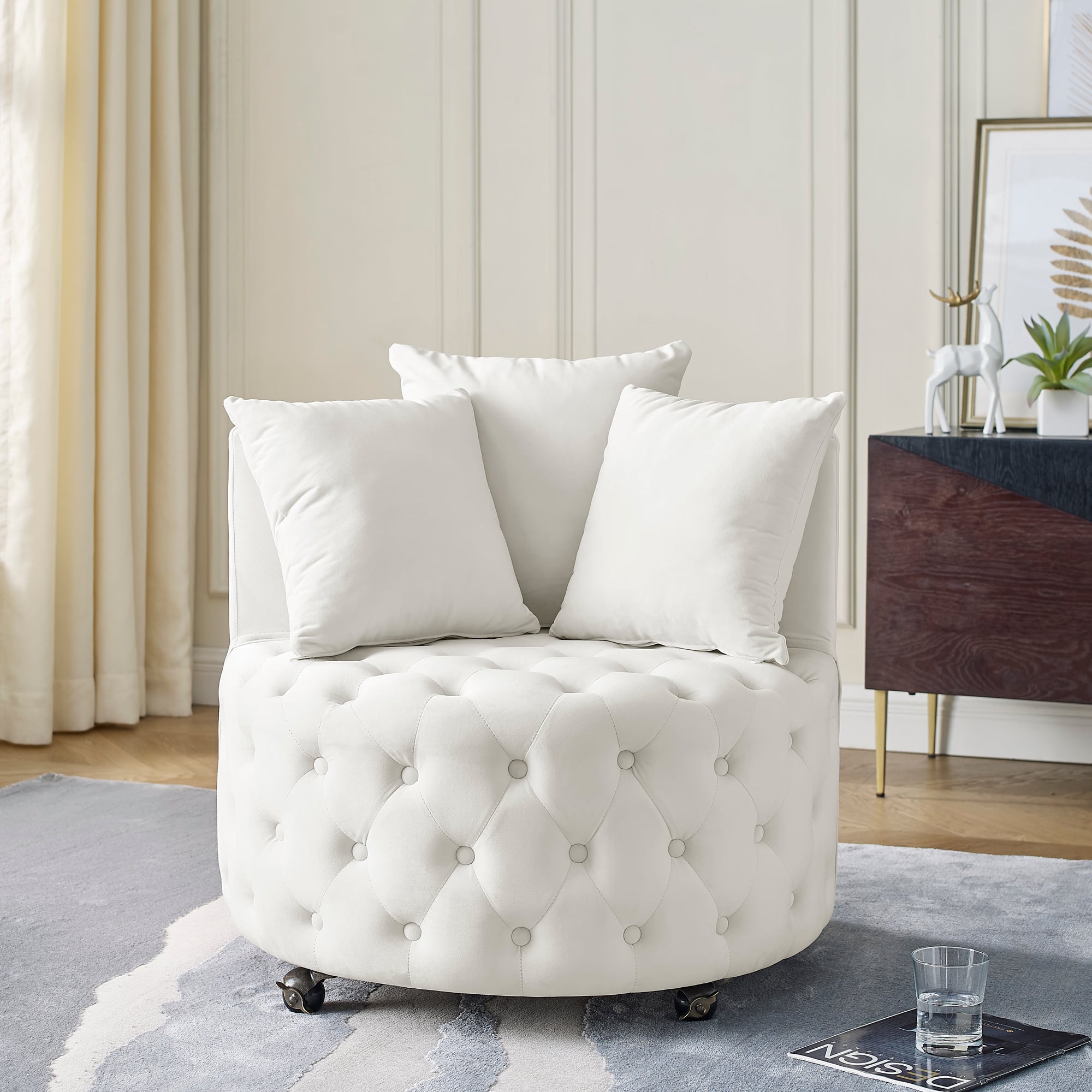 GOODSILO - Luxury Upholstered Swivel Accent Chair with Tufted Back and Caster Wheels for Elegant Home Seating - Beige