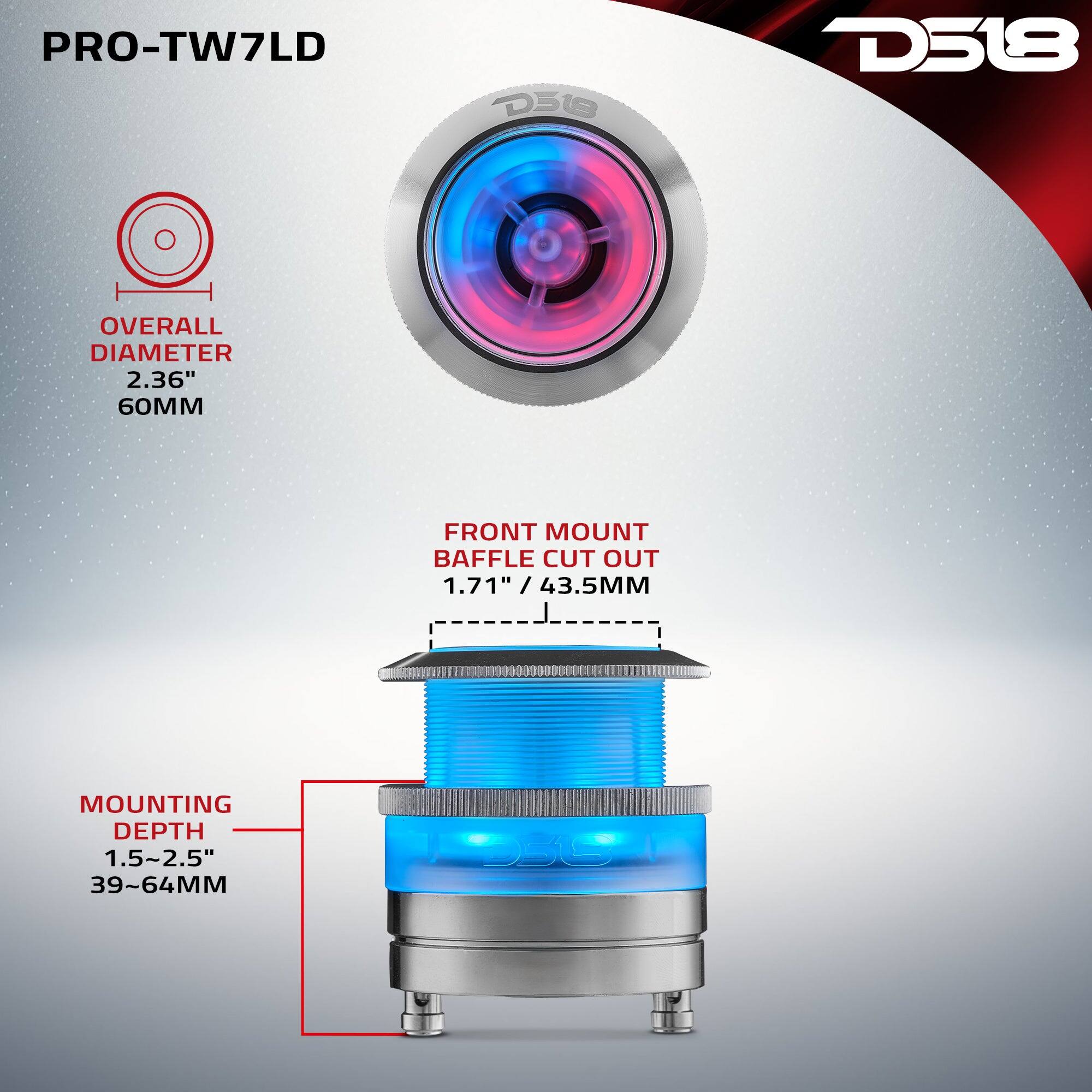 PRO-TW7LD  
D518  
D518  
OVERALL DIAMETER 2.36" 60MM  
FRONT MOUNT BAFFLE CUT OUT 1.71" / 43.5MM  
MOUNTING DEPTH 1.5~2.5" 39~64MM