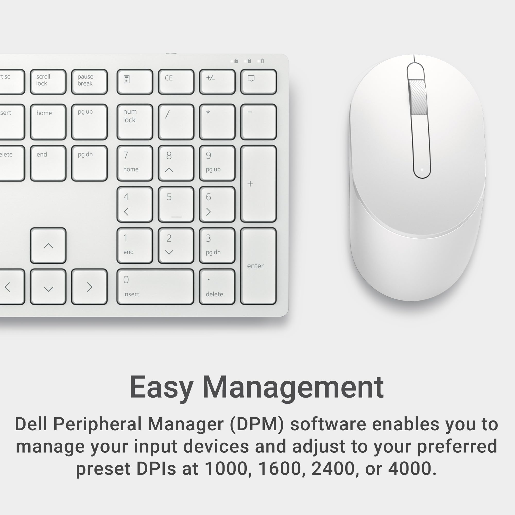 Easy Management

Dell Peripheral Manager (DPM) software enables you to manage your input devices and adjust to your preferred preset DPIs at 1000, 1600, 2400, or 4000.