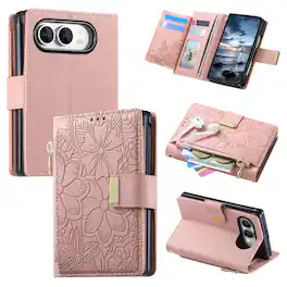 UUCOVER - Zipper Wallet Flower Embossed Case for Apple iPhone Duo,Shockproof Leather+PC Magnetic Case Card Slots Kickstand Cover - Rosegold